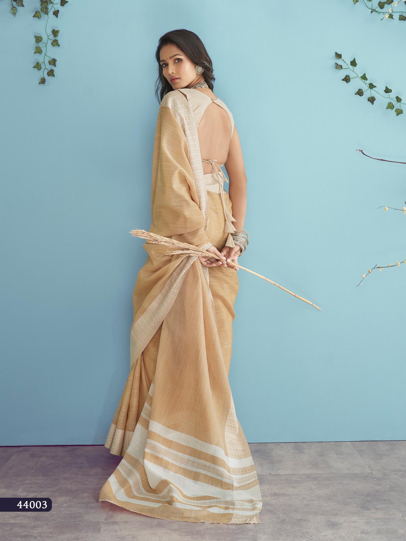 Musturd Soft Linen Silk With Chikankari Weaved Border Saree R1