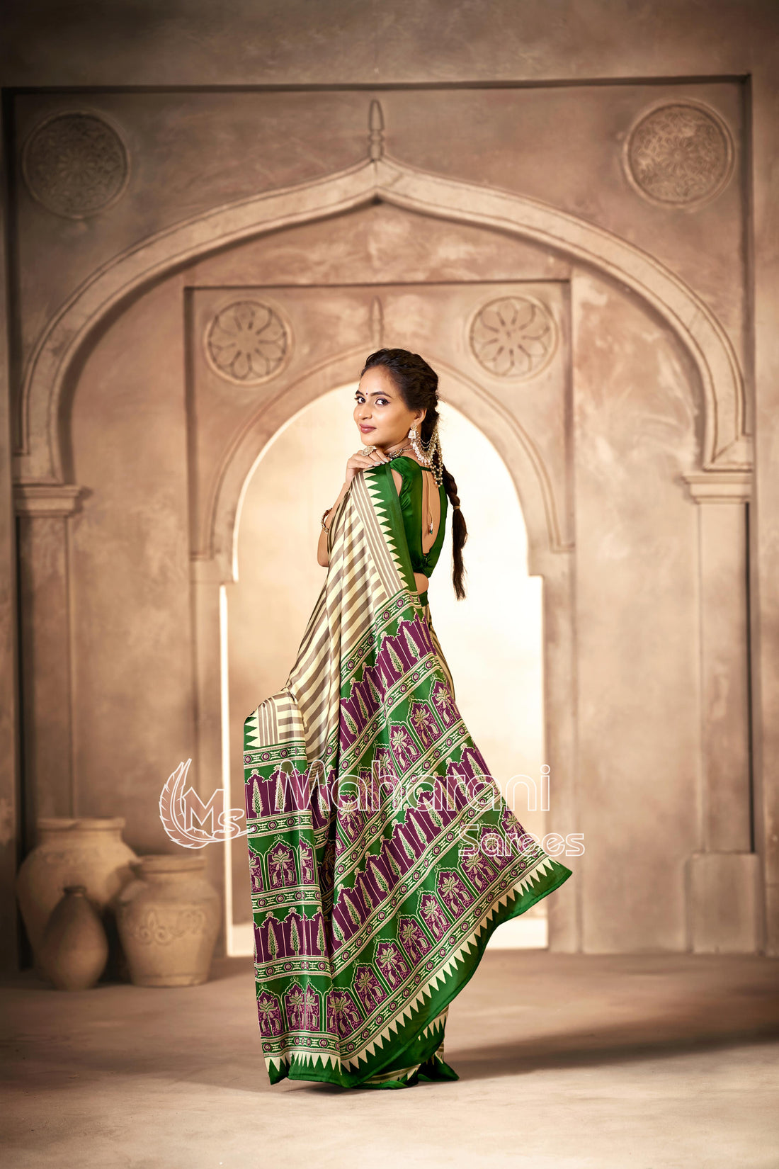 Cream With Mahendi Border Ajrakh Hand-Printed Modal Silk Saree