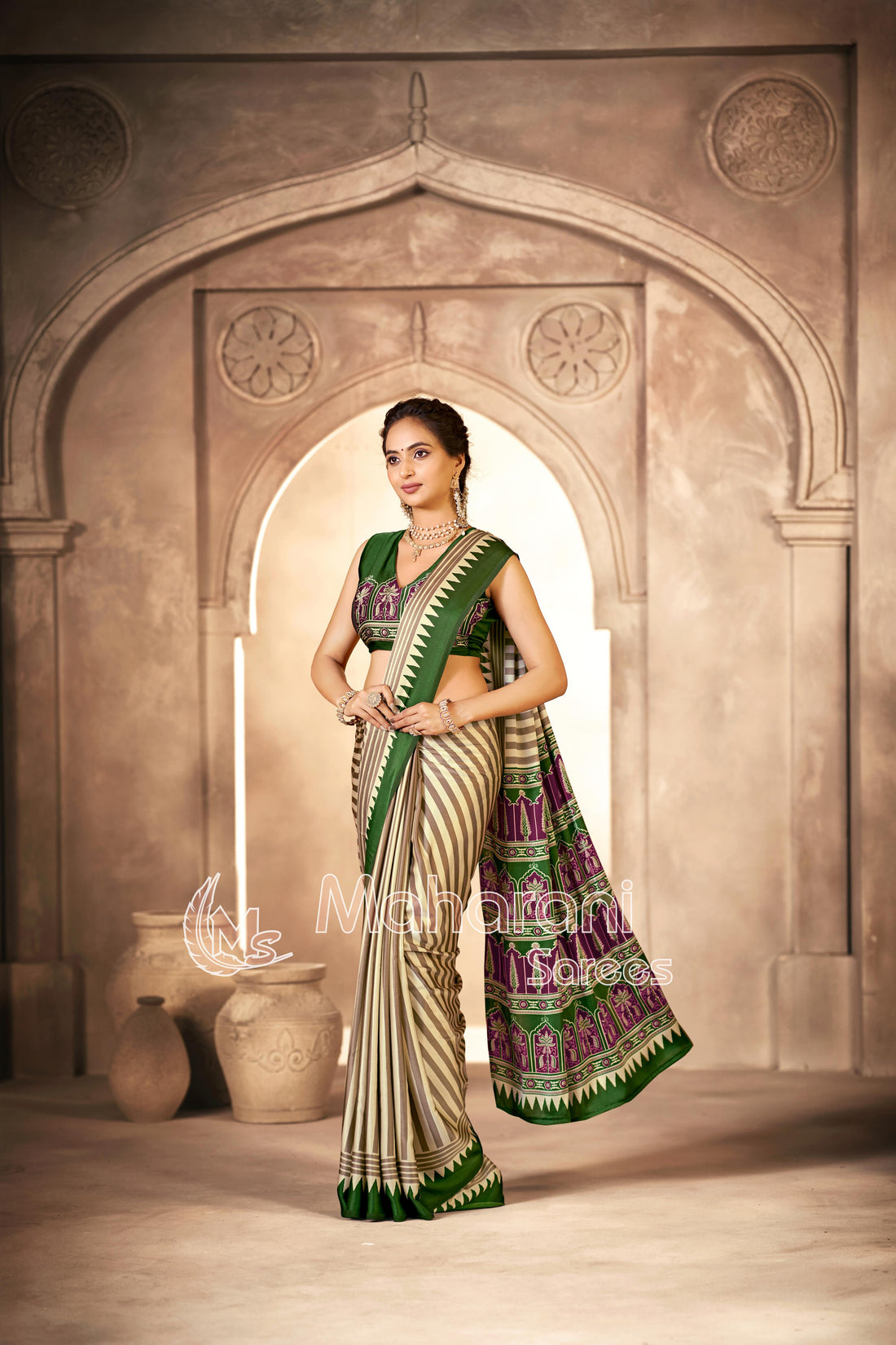 Cream With Mahendi Border Ajrakh Hand-Printed Modal Silk Saree