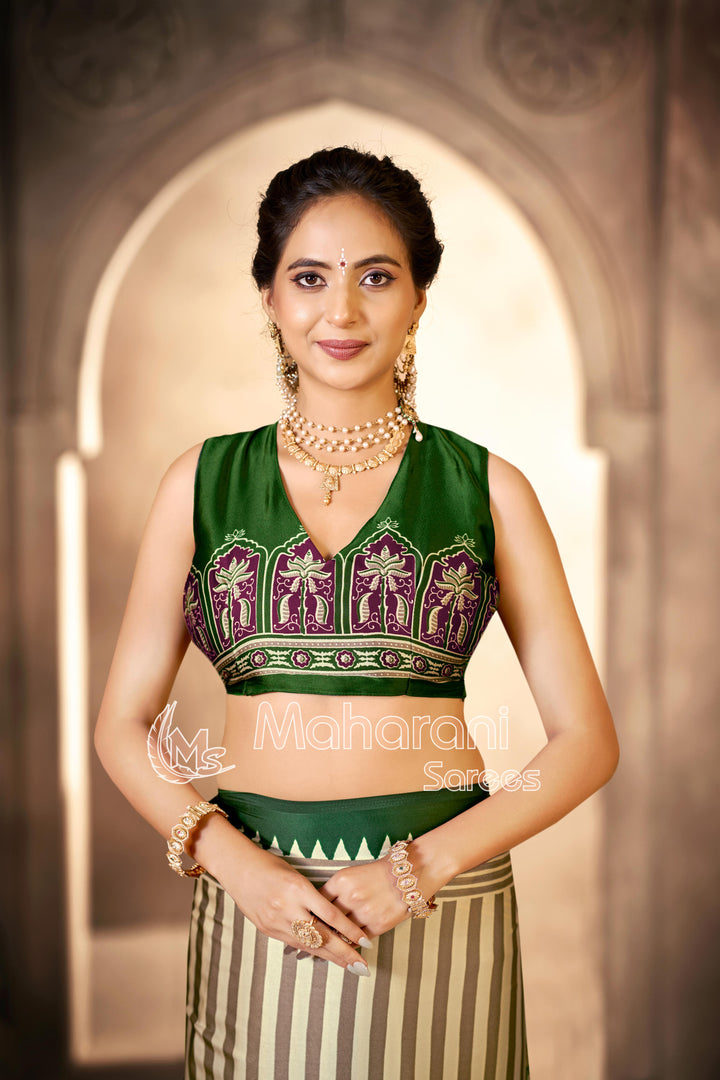 Cream With Mahendi Border Ajrakh Hand-Printed Modal Silk Saree