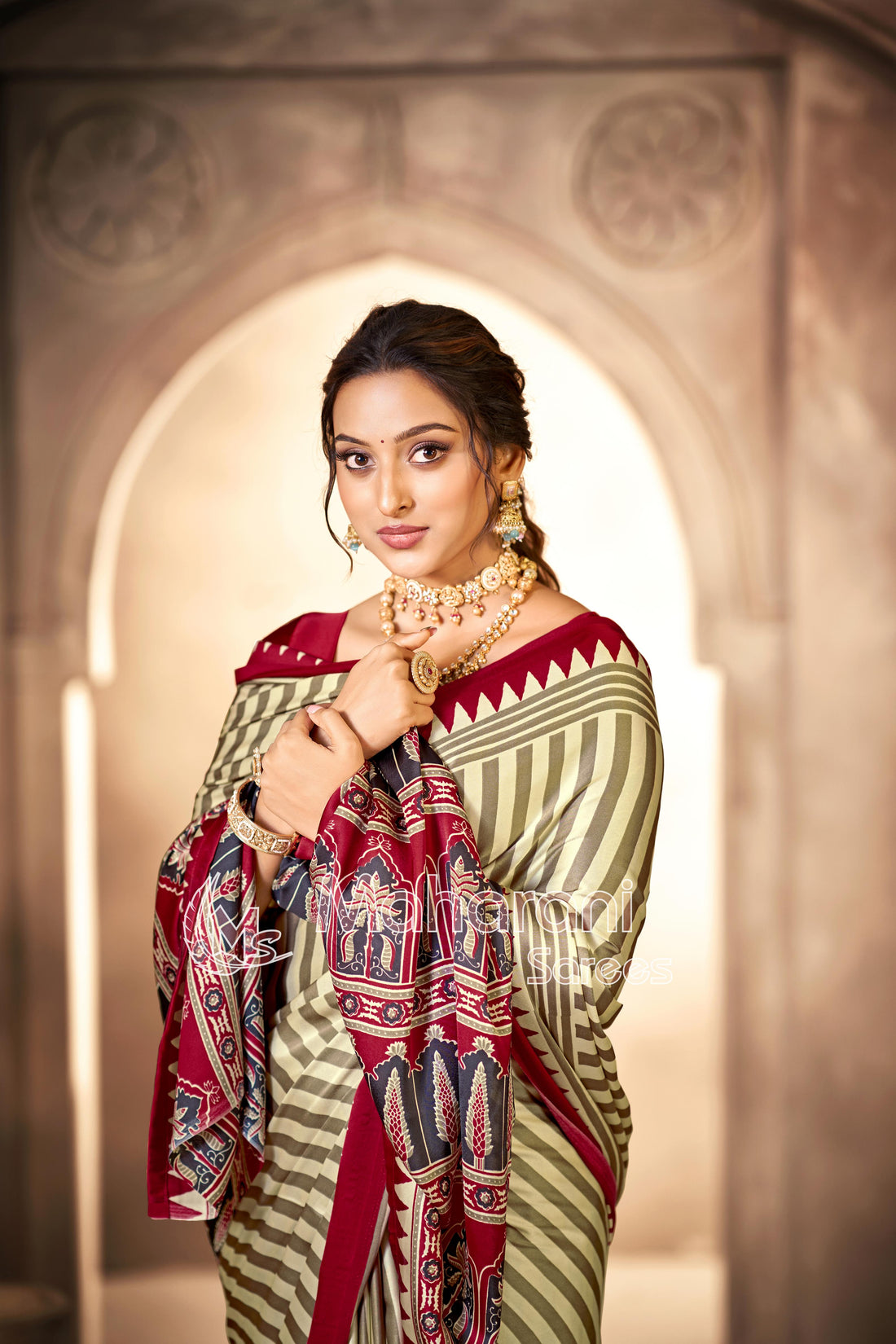 Cream With Maroon Border Ajrakh Hand-Printed Modal Silk Saree