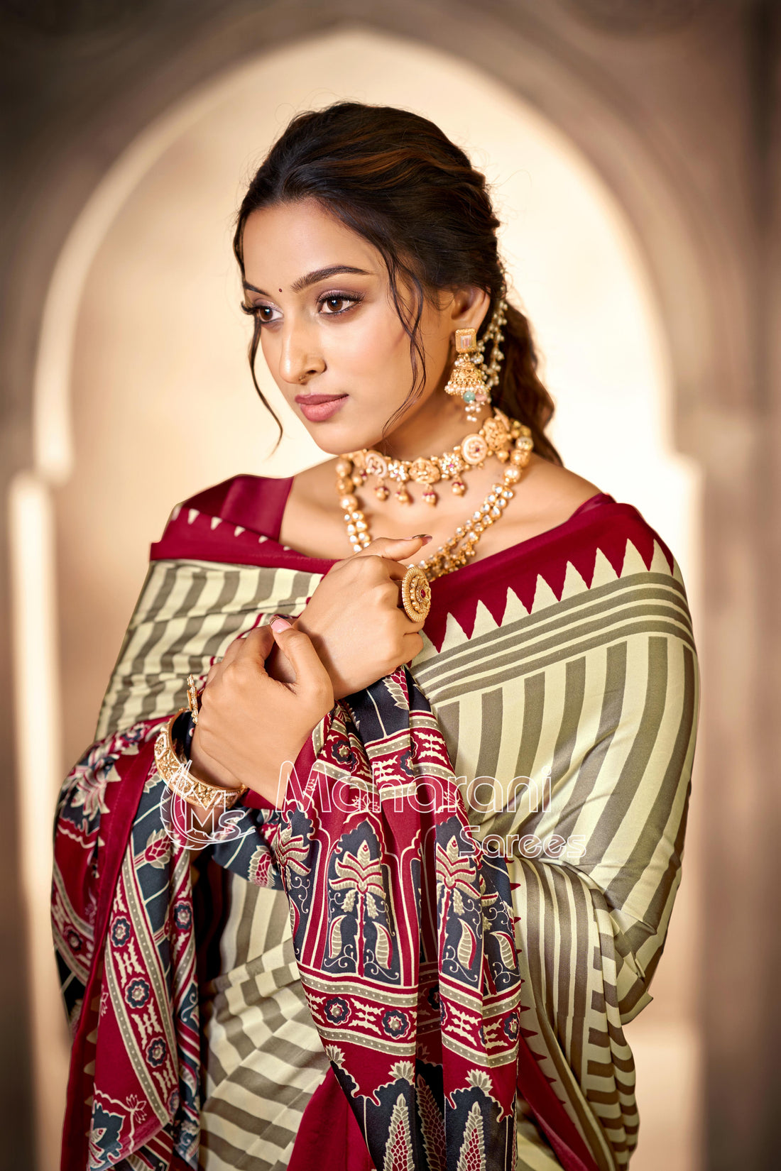 Cream With Maroon Border Ajrakh Hand-Printed Modal Silk Saree