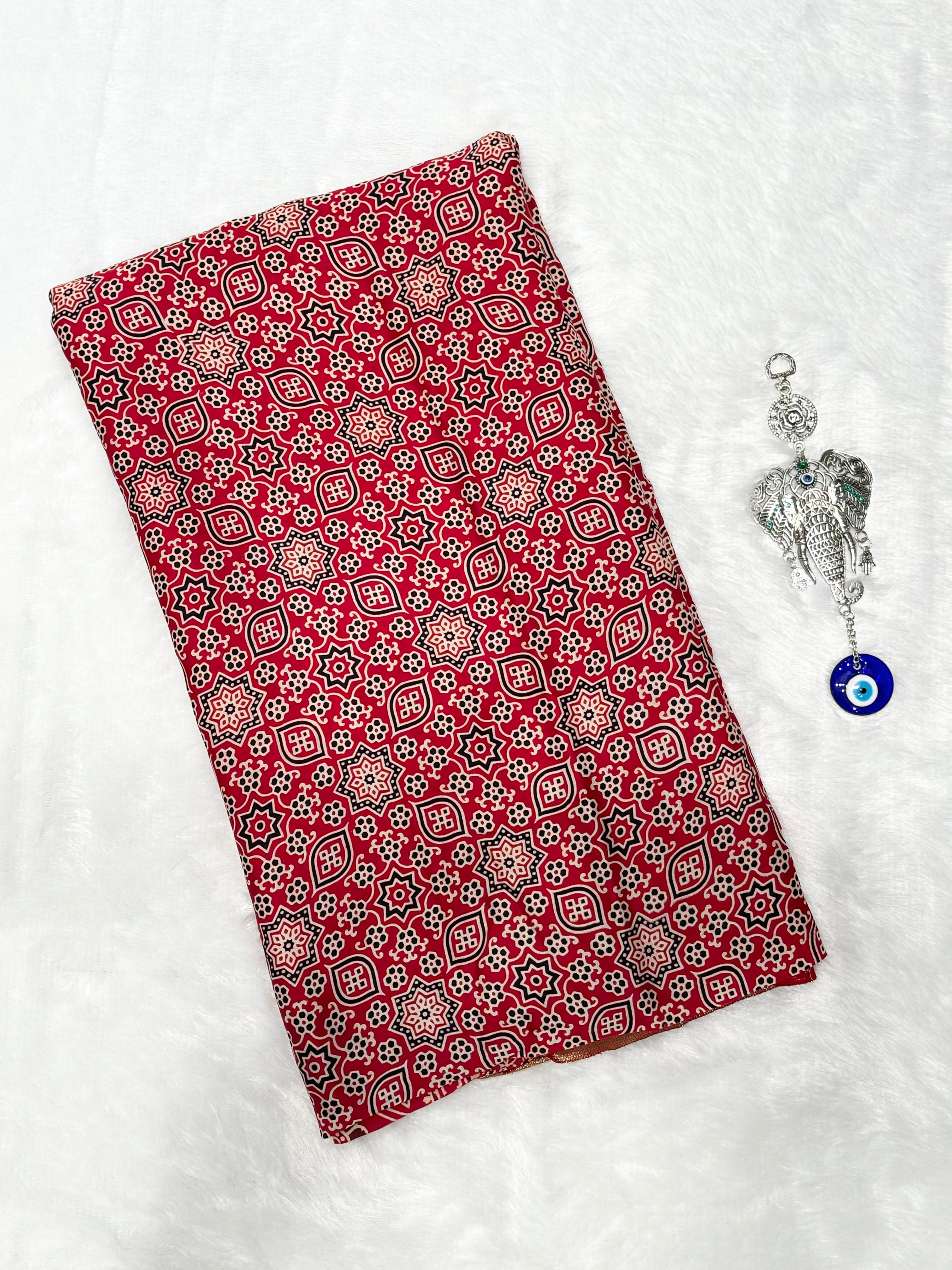 Blood Red Ajrakh Hand Block Modal Silk Saree With Zari Pallu A1-5