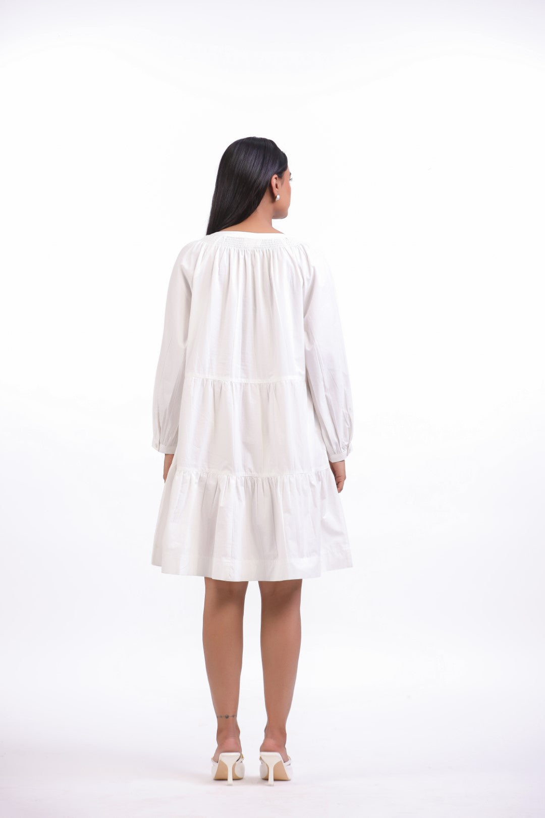 Women White Smocking Work Cotton Full Sleeve Round Collar Midi Flared Dress with Pocket