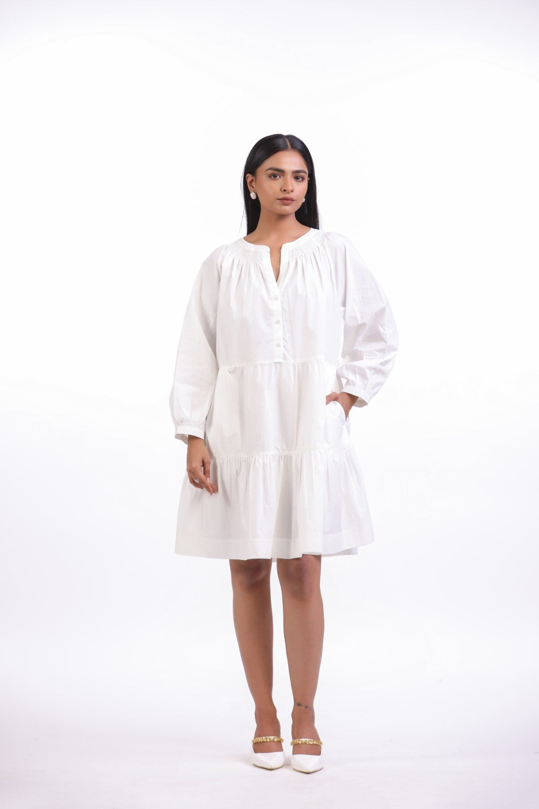 Women White Smocking Work Cotton Full Sleeve Round Collar Midi Flared Dress with Pocket