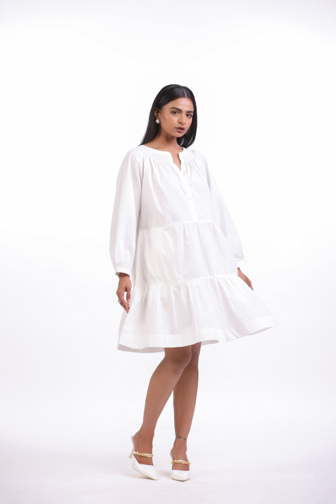 Women White Smocking Work Cotton Full Sleeve Round Collar Midi Flared Dress with Pocket