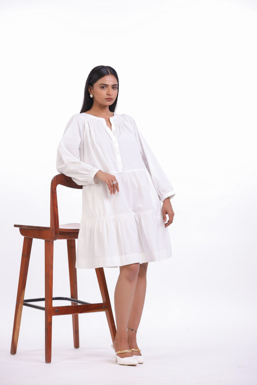 Women White Smocking Work Cotton Full Sleeve Round Collar Midi Flared Dress with Pocket