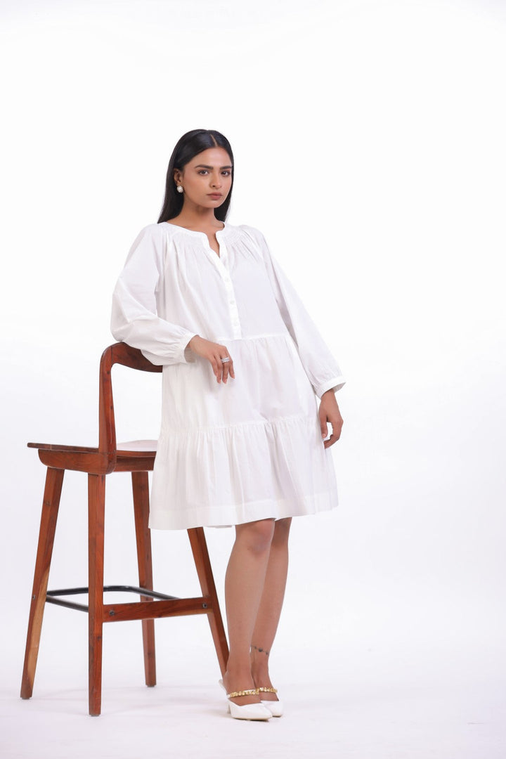 Women White Smocking Work Cotton Full Sleeve Round Collar Midi Flared Dress with Pocket