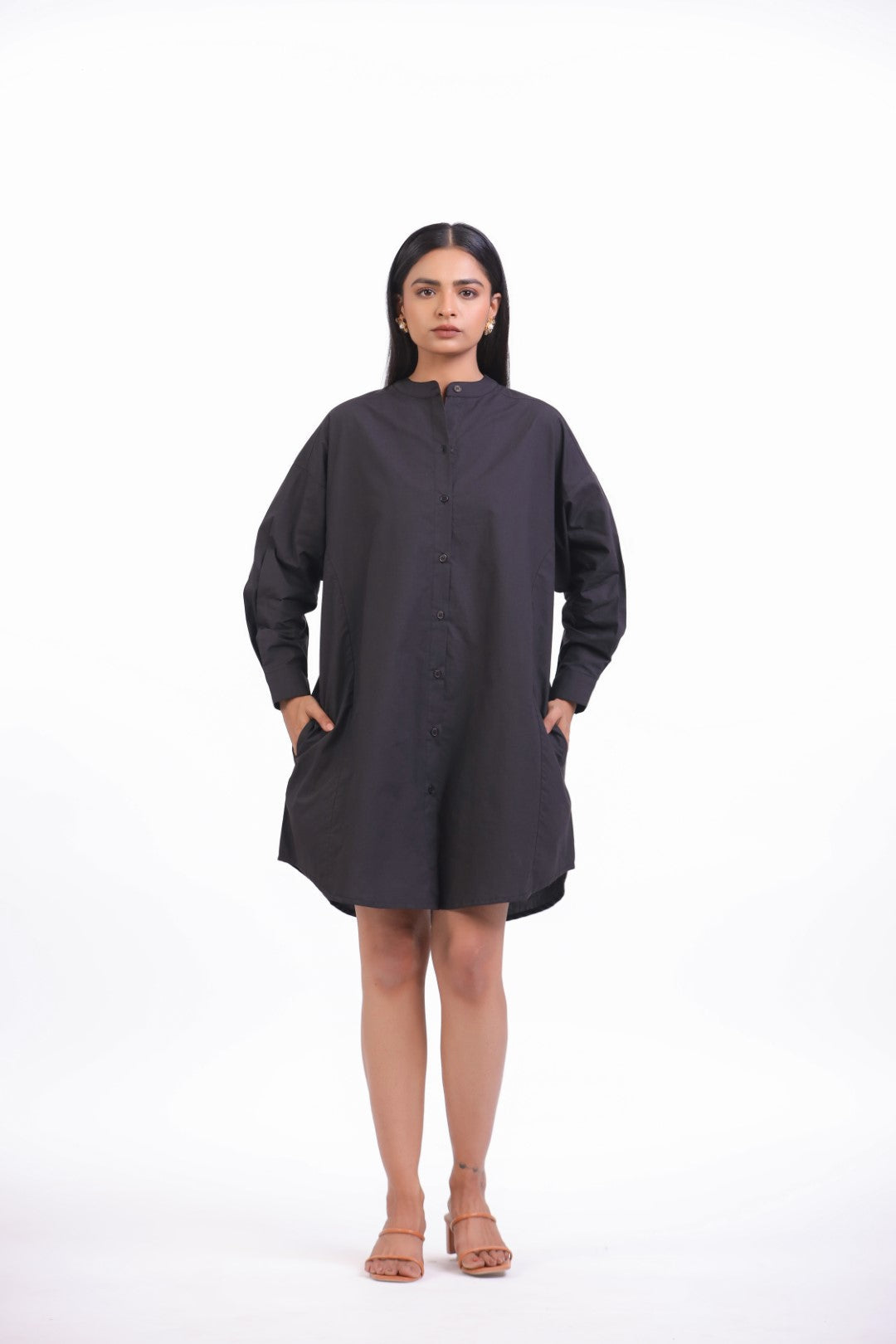 Women Black Solid Cotton Full Sleeve Mandarin Collar Midi Dress with Pocket