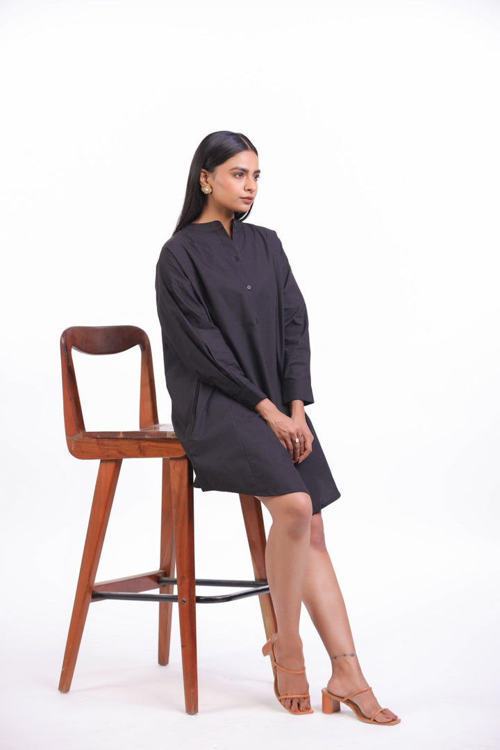Women Black Solid Cotton Full Sleeve Mandarin Collar Midi Dress with Pocket