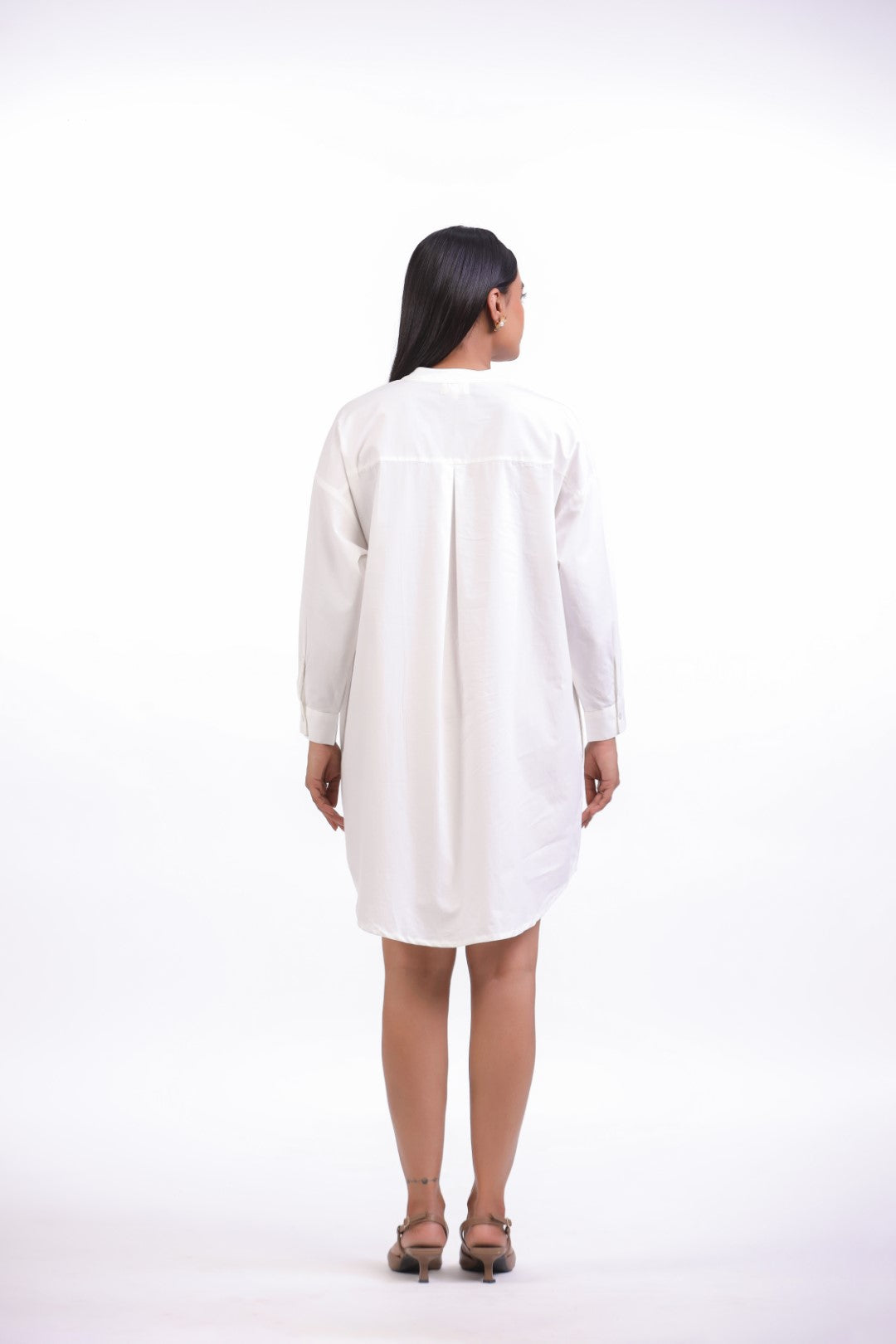 Women White Solid Cotton Full Sleeve Mandarin Collar Midi Dress with Pocket
