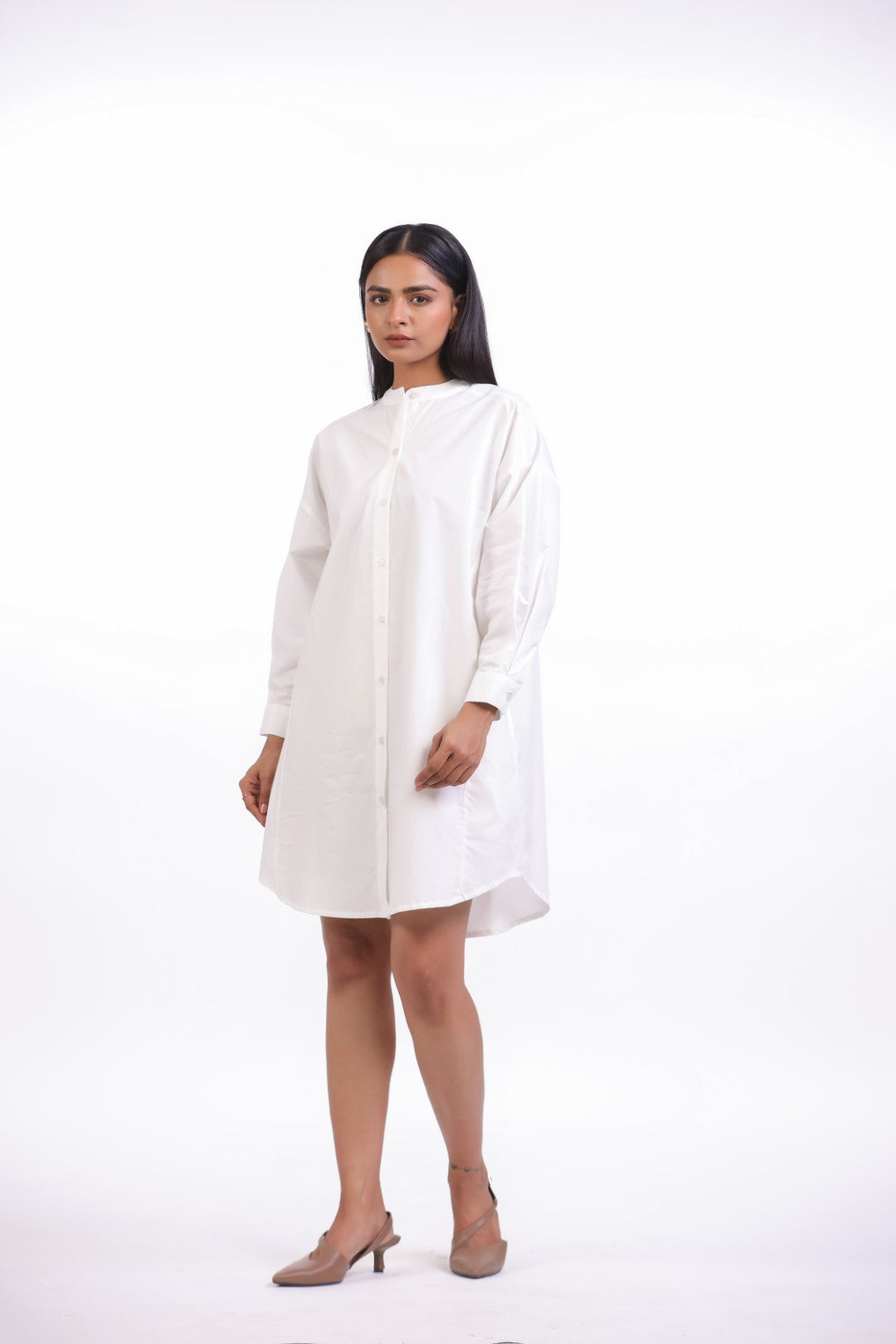 Women White Solid Cotton Full Sleeve Mandarin Collar Midi Dress with Pocket