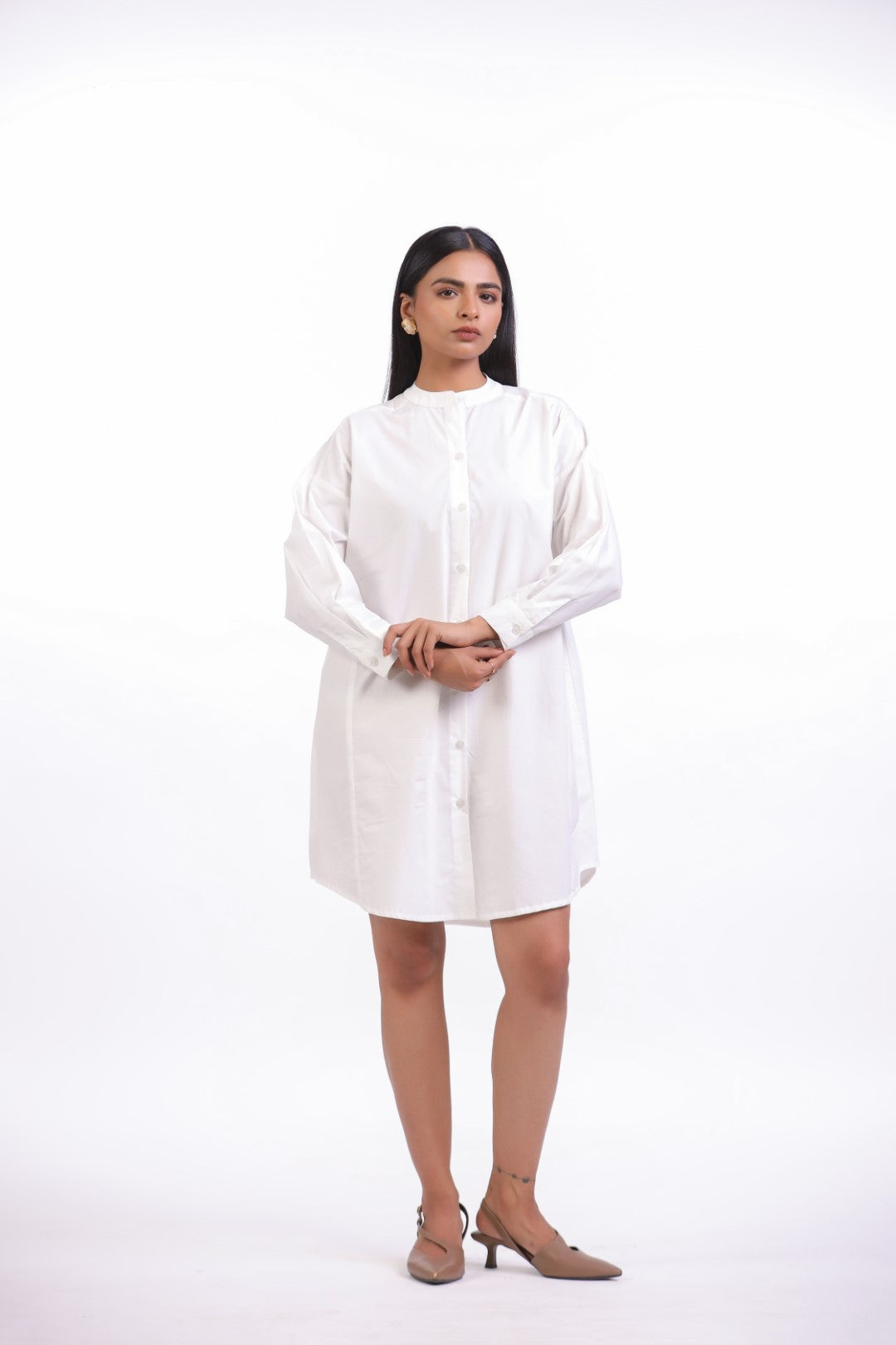 Women White Solid Cotton Full Sleeve Mandarin Collar Midi Dress with Pocket