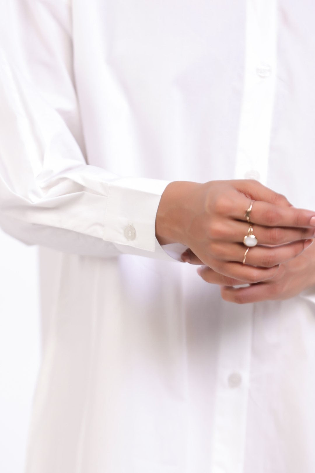 Women White Solid Cotton Full Sleeve Mandarin Collar Midi Dress with Pocket