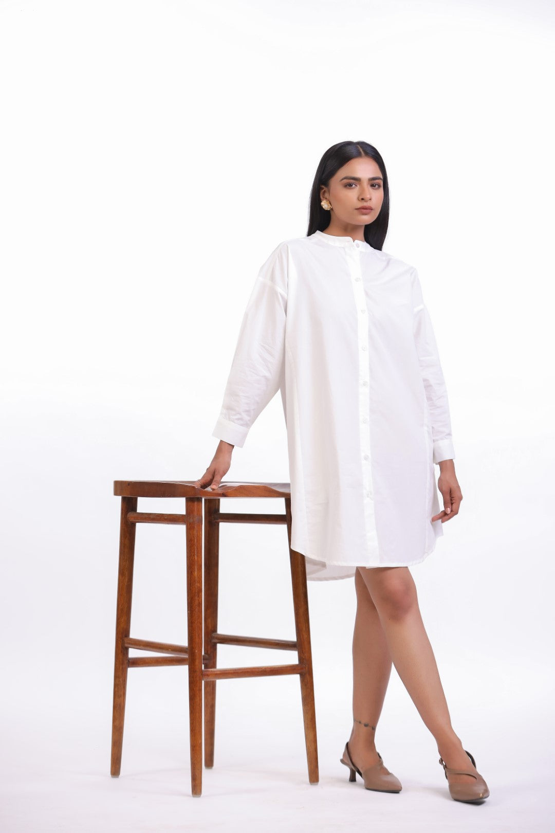 Women White Solid Cotton Full Sleeve Mandarin Collar Midi Dress with Pocket
