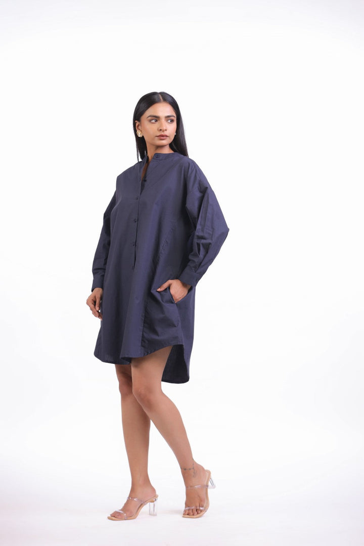 Women Navy Solid Cotton Full Sleeve Mandarin Collar Midi Dress with Pocket