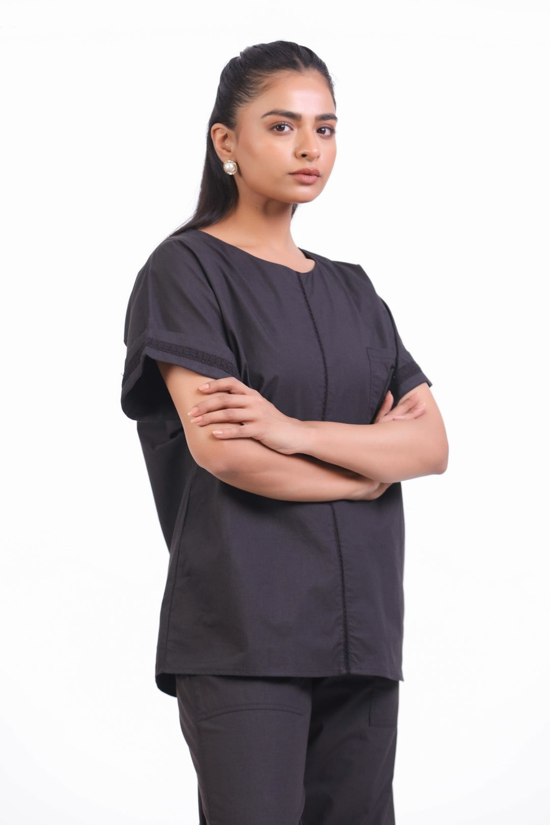 Women Black Cotton Top With Black Cotton Pant Co-Ord set