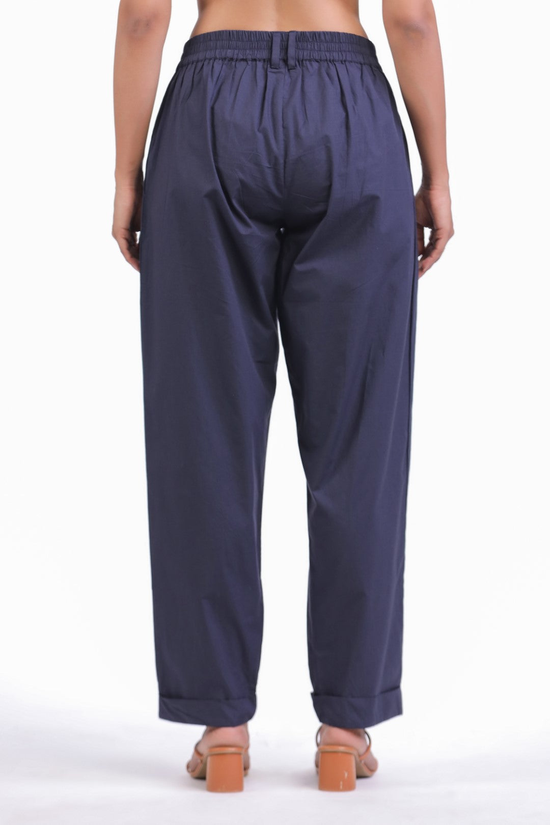 Women's Navy Solid Cotton Pant