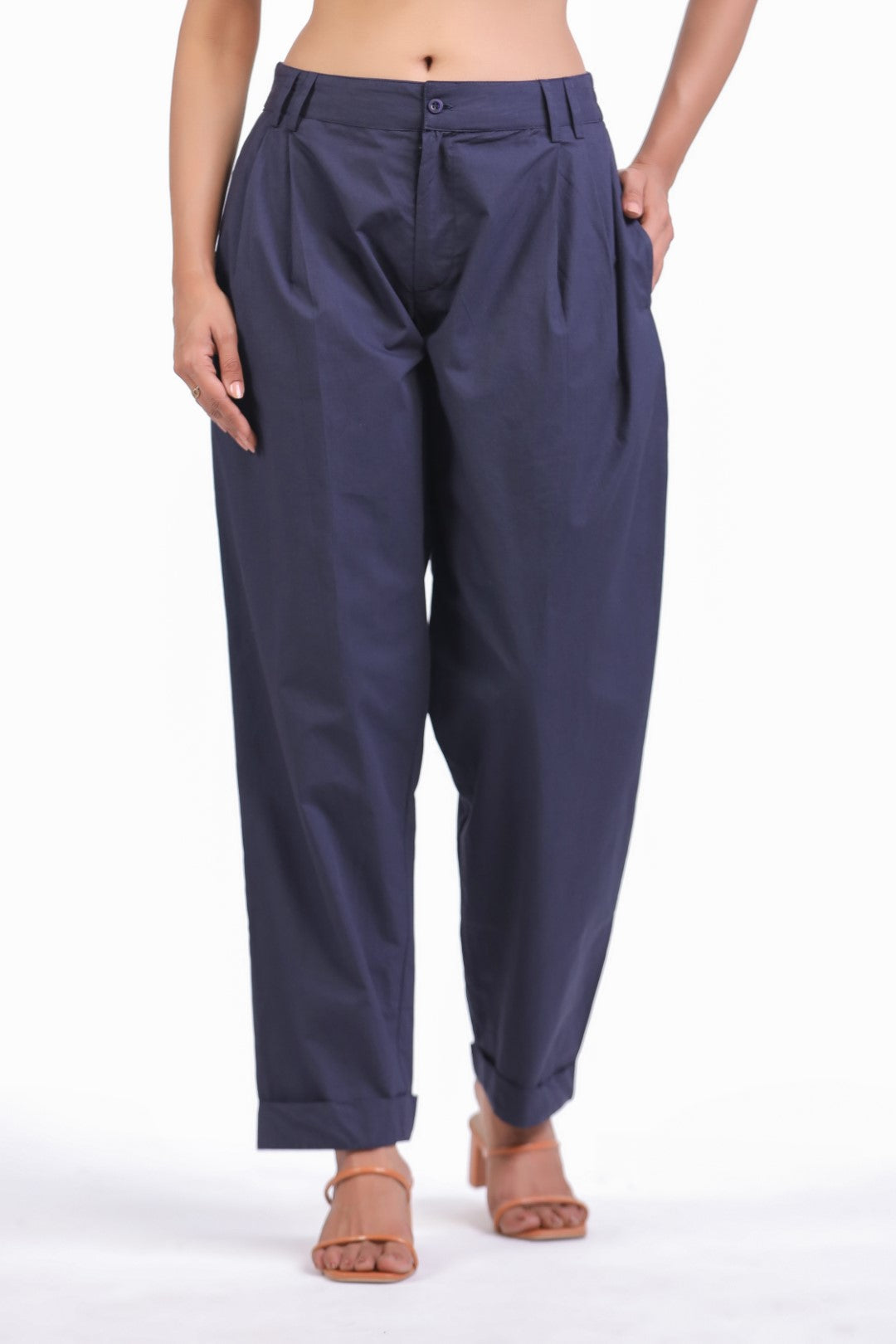 Women's Navy Solid Cotton Pant