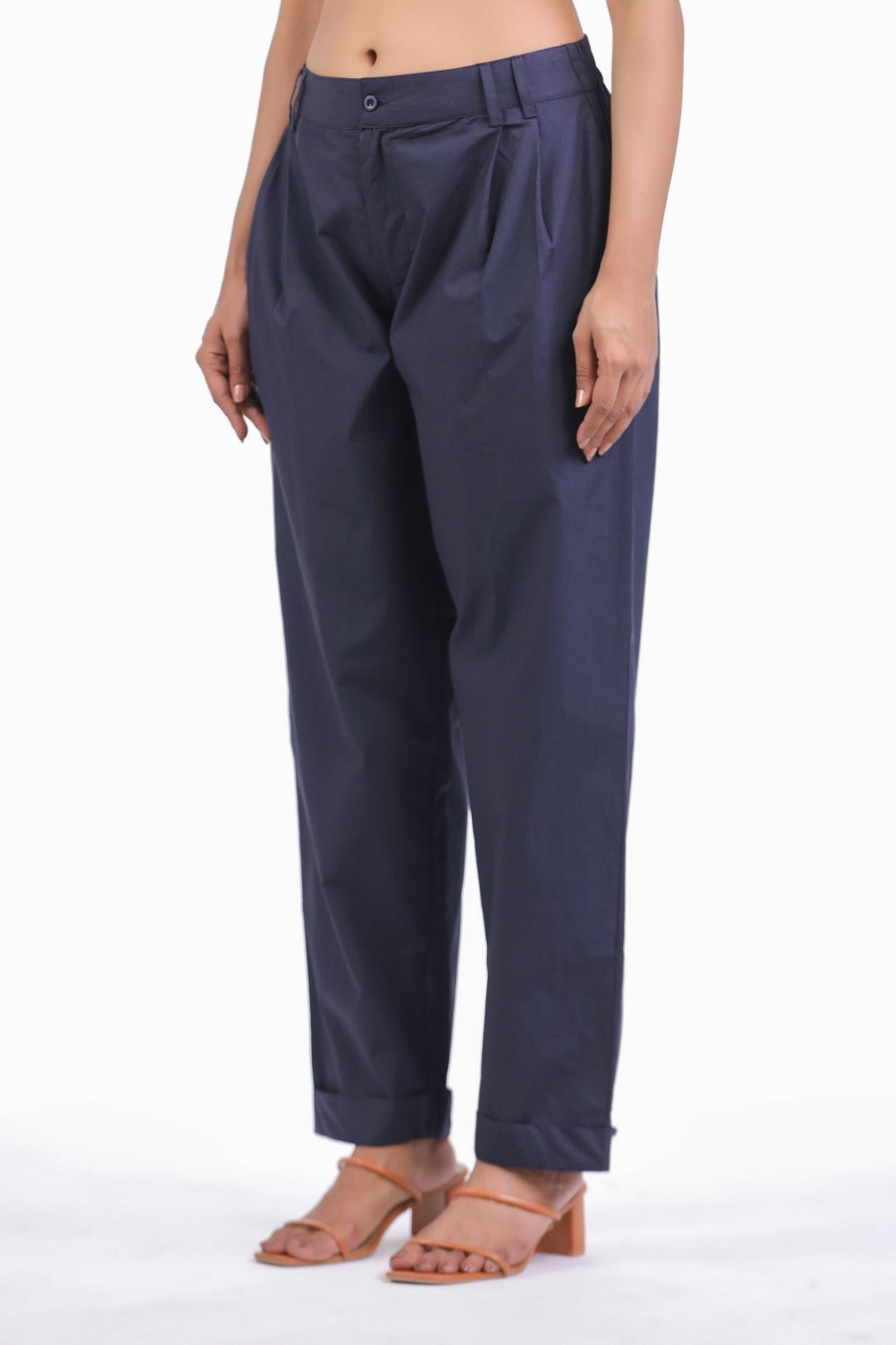 Women's Navy Solid Cotton Pant