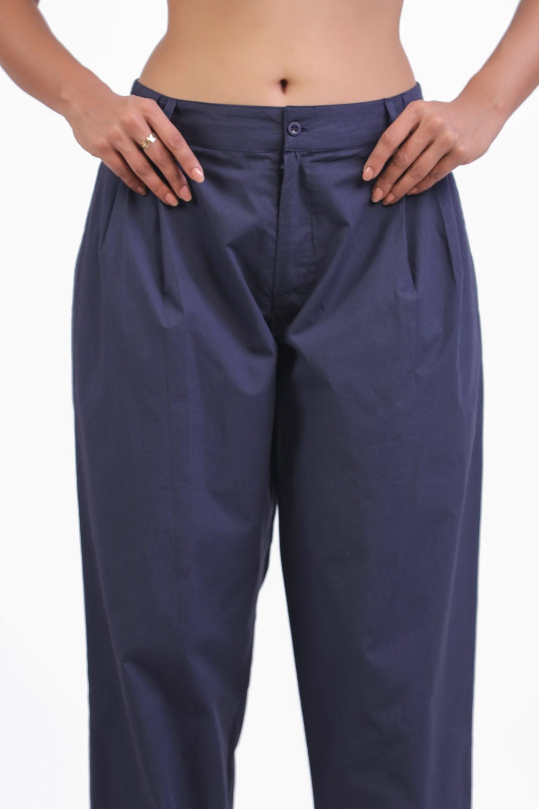 Women's Navy Solid Cotton Pant