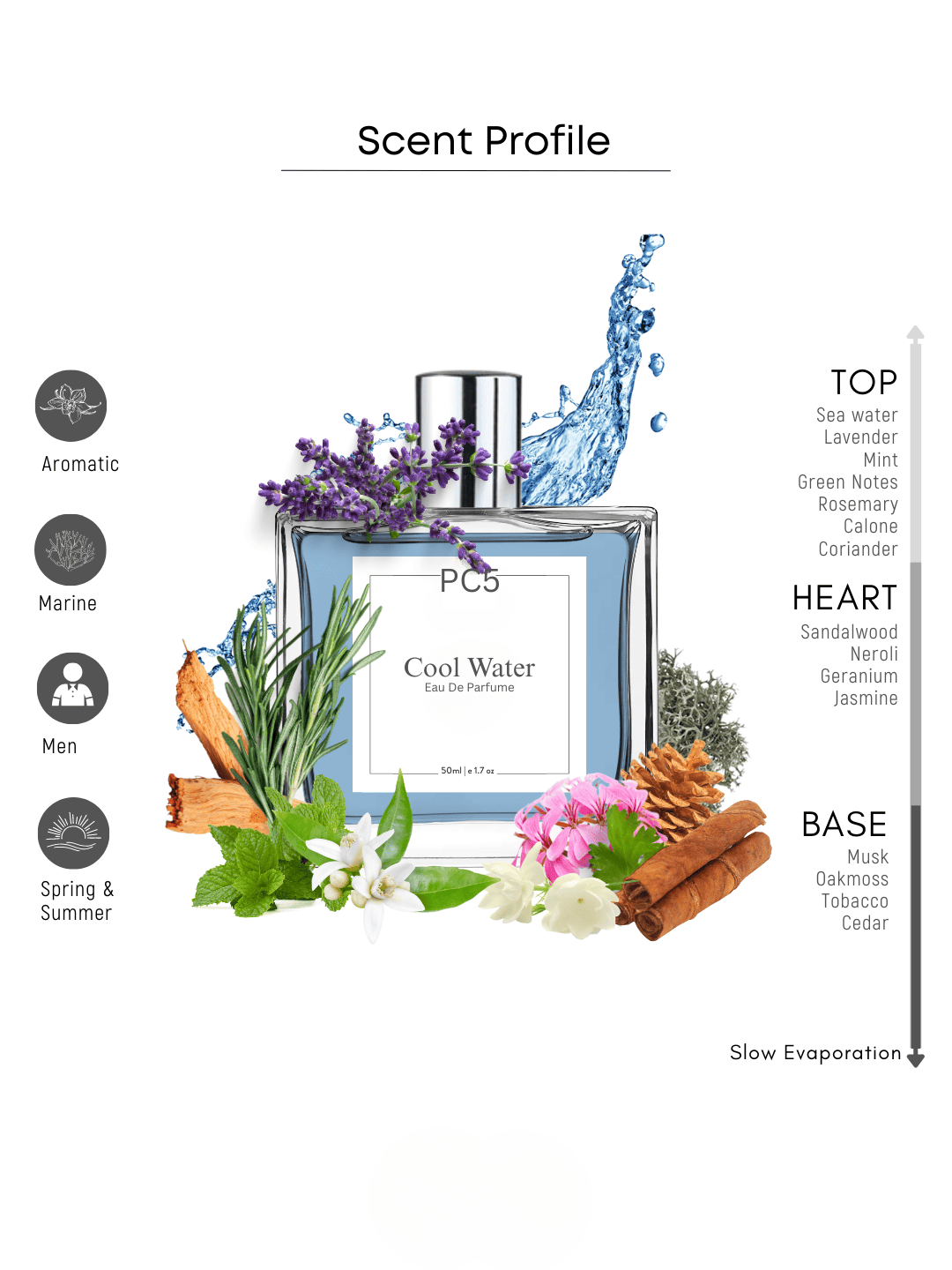 PC5 Cool Water Perfume EDP Spray for Men | Aromatic Fresh Spicy Fragrance Accords | Luxury Gift for Him