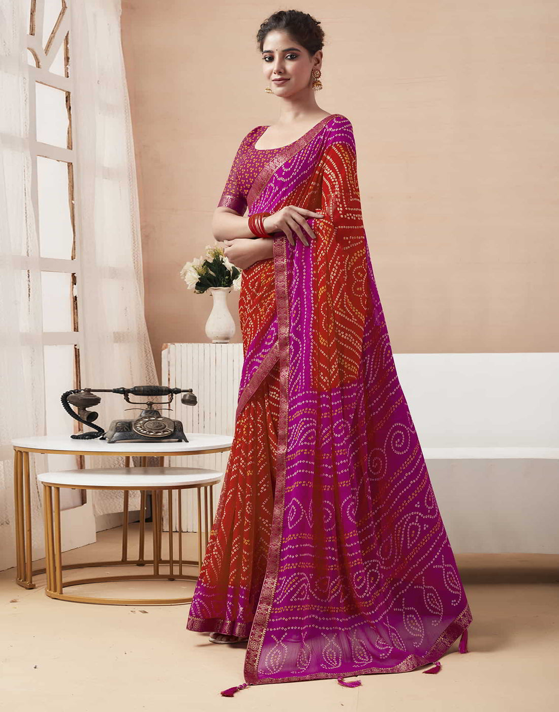 Magenta Bandhani Chiffon Saree