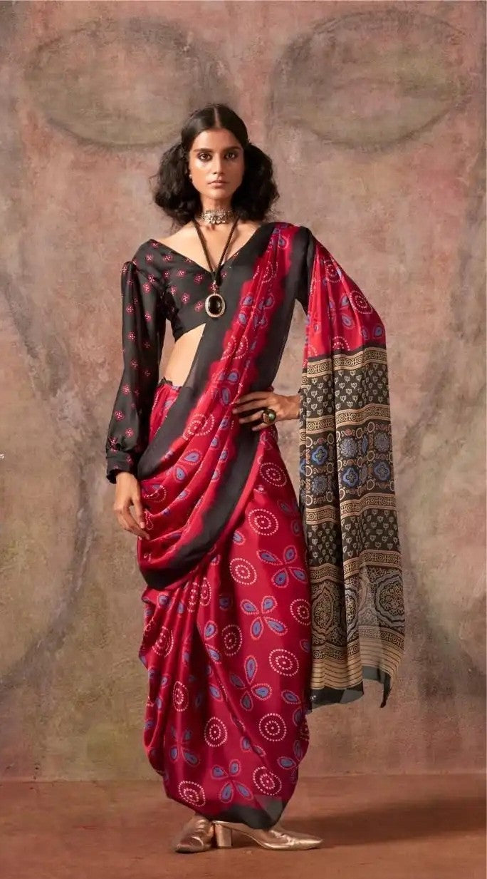 Rosewood Ajrakh Printed Satin Georgette Saree
