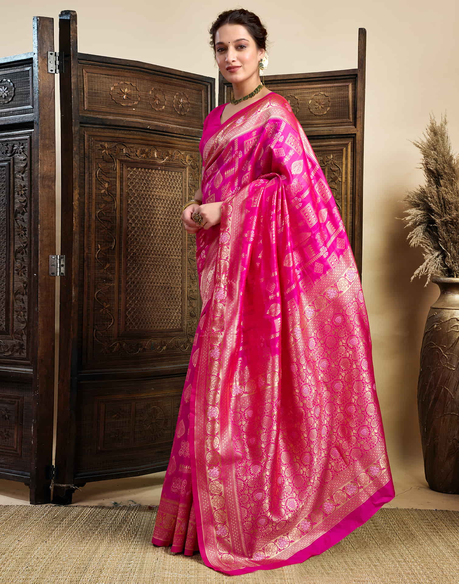Rani Pink Silk Woven Banarasi Saree