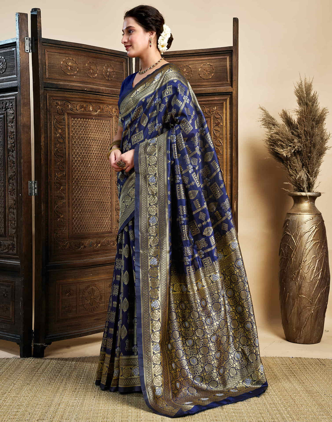 Navy Blue Silk Woven Banarasi Saree