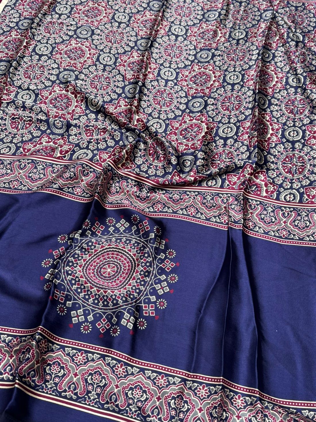 Cosmic Purple Striped Ajrakh Hand-Printed Modal Silk Saree