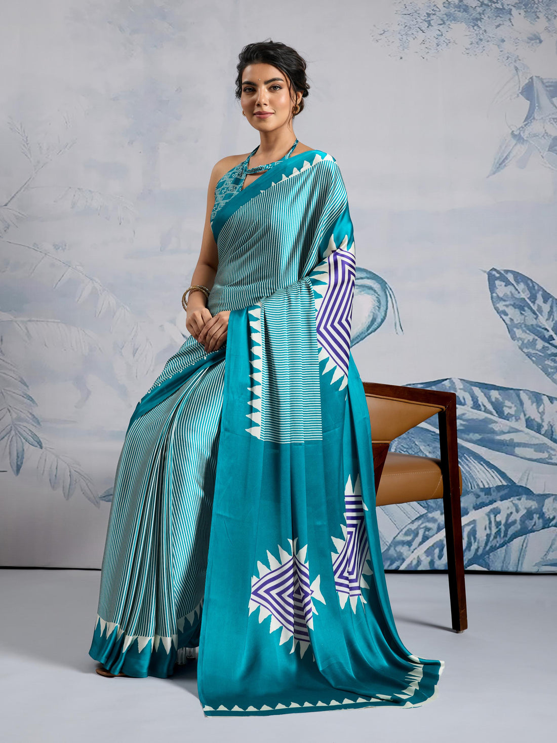 Ocean Blue Ajrakh Printed Satin Crepe Silk Saree