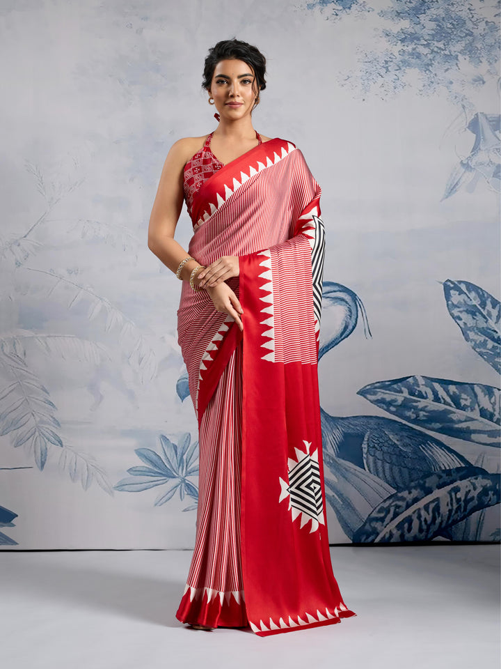 Well Red Ajrakh Printed Satin Crepe Silk Saree