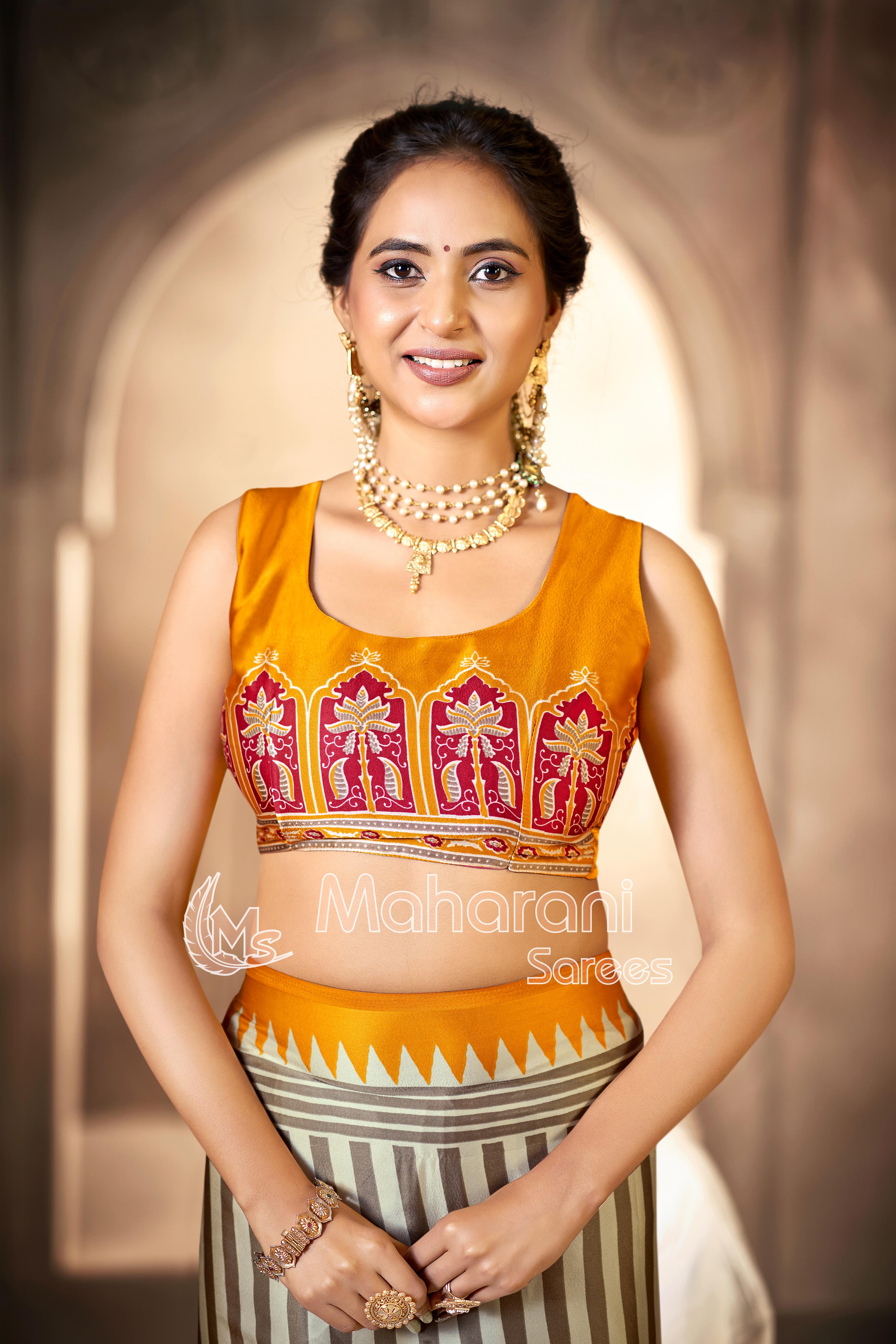 Cream With Yellow Border Ajrakh Hand-Printed Modal Silk Saree