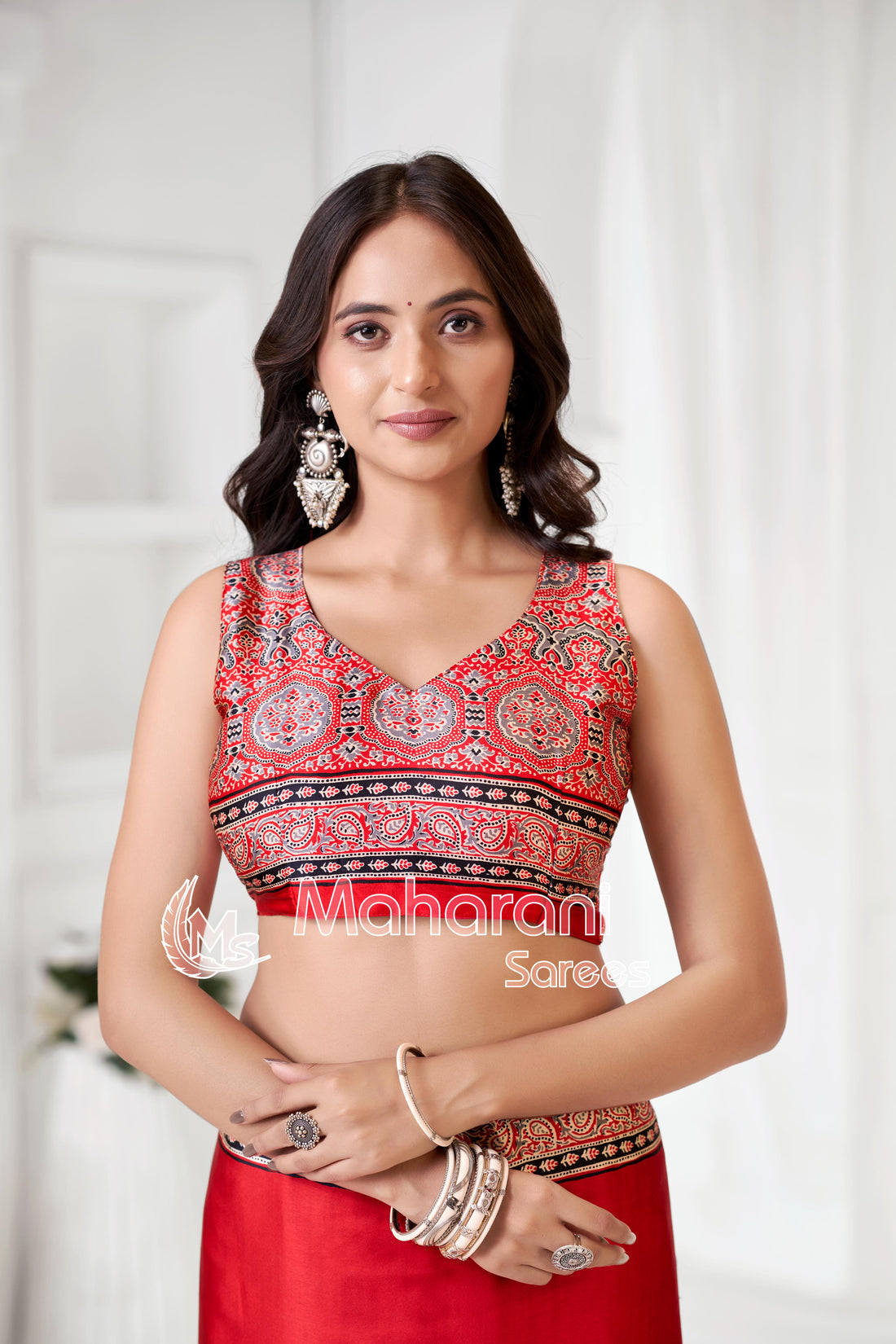 Red Ajrakh Hand-Printed Modal Silk Saree With Blouse