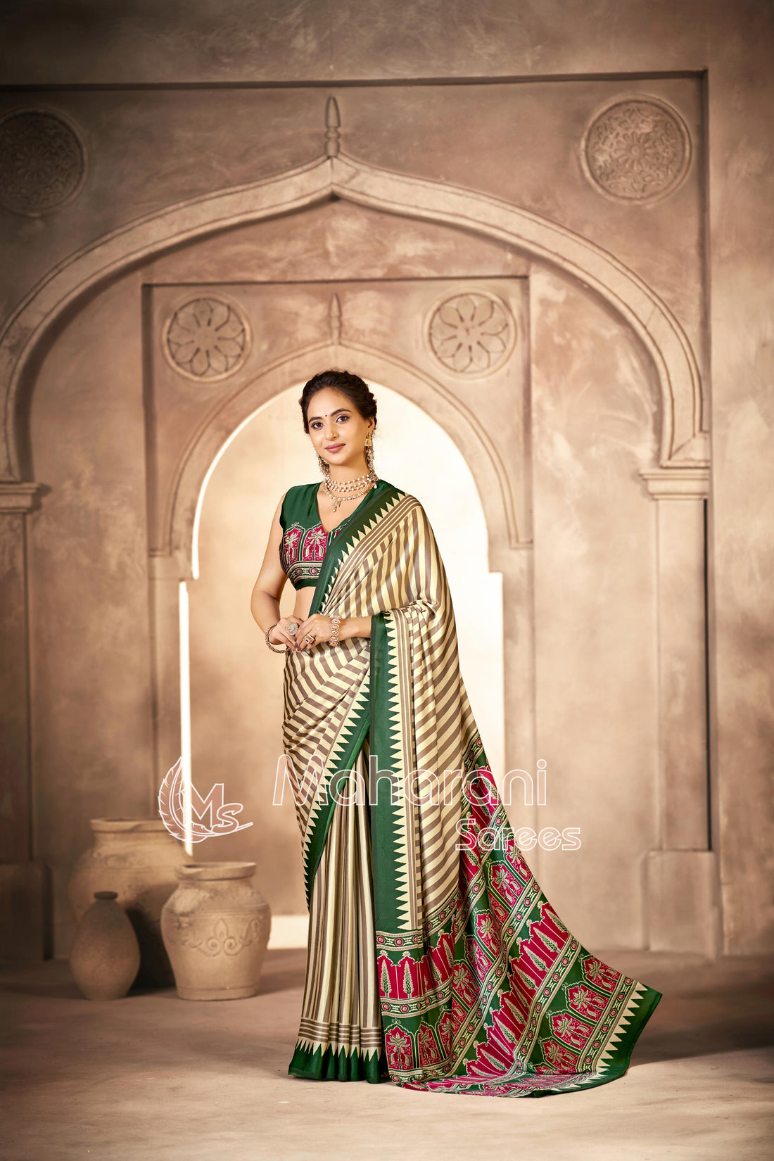 Cream With Green Border Ajrakh Hand-Printed Modal Silk Saree