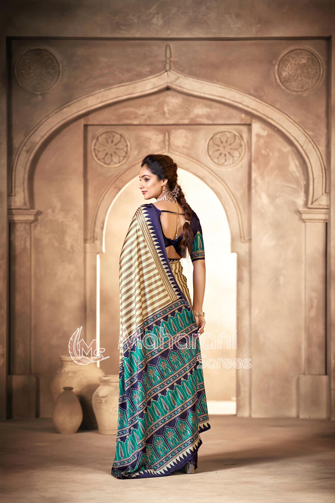 Cream With Blue Border Ajrakh Hand-Printed Modal Silk Saree
