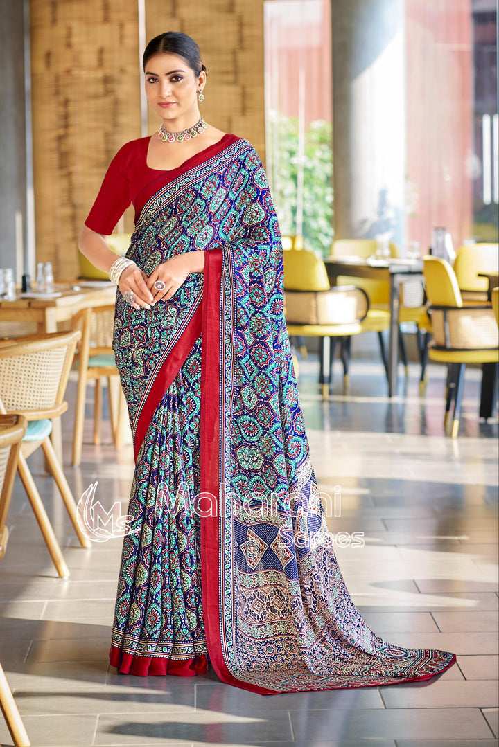 Vivid Blue Ajrakh Printed Soft Modal Silk Natural Print Saree