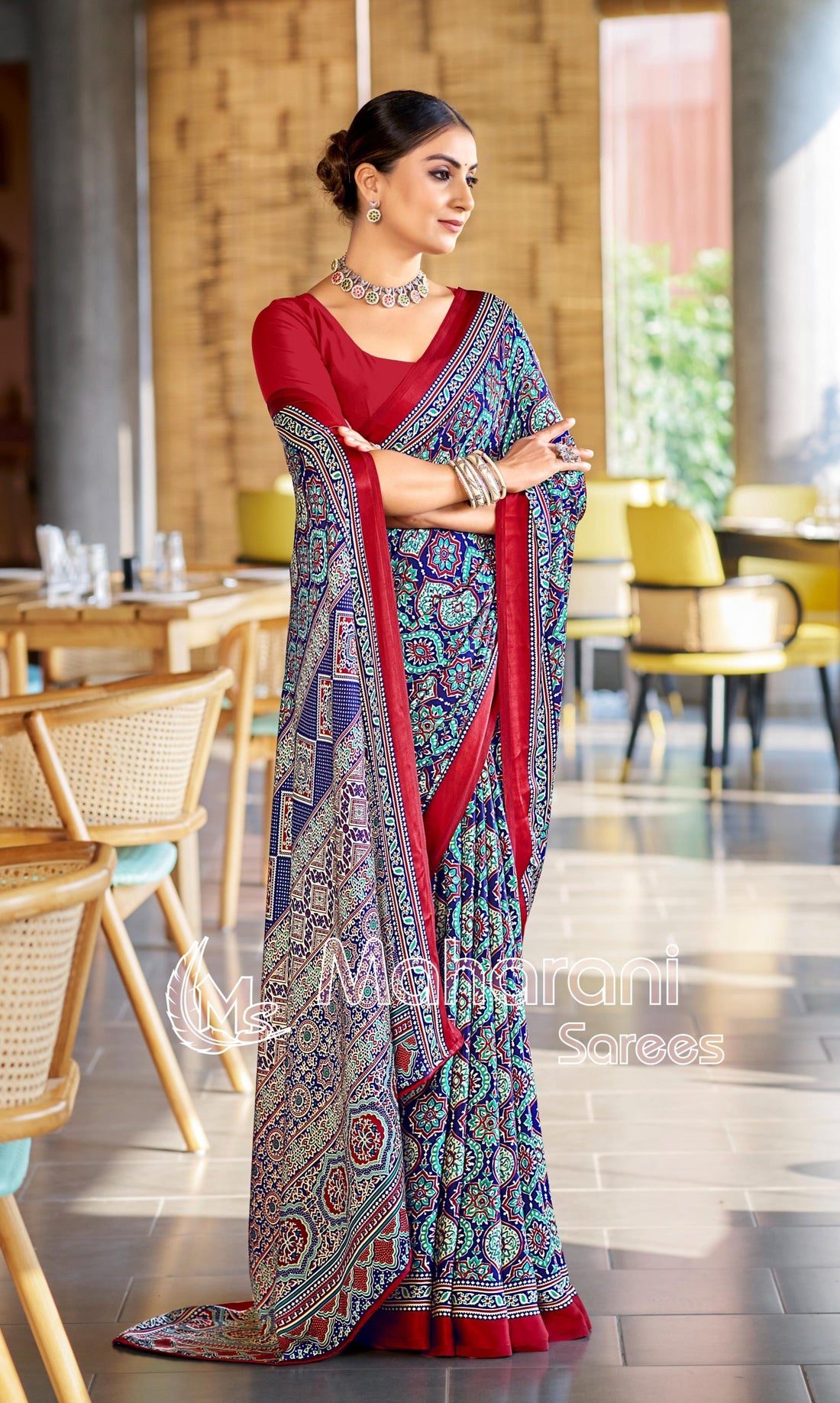 Vivid Blue Ajrakh Printed Soft Modal Silk Natural Print Saree