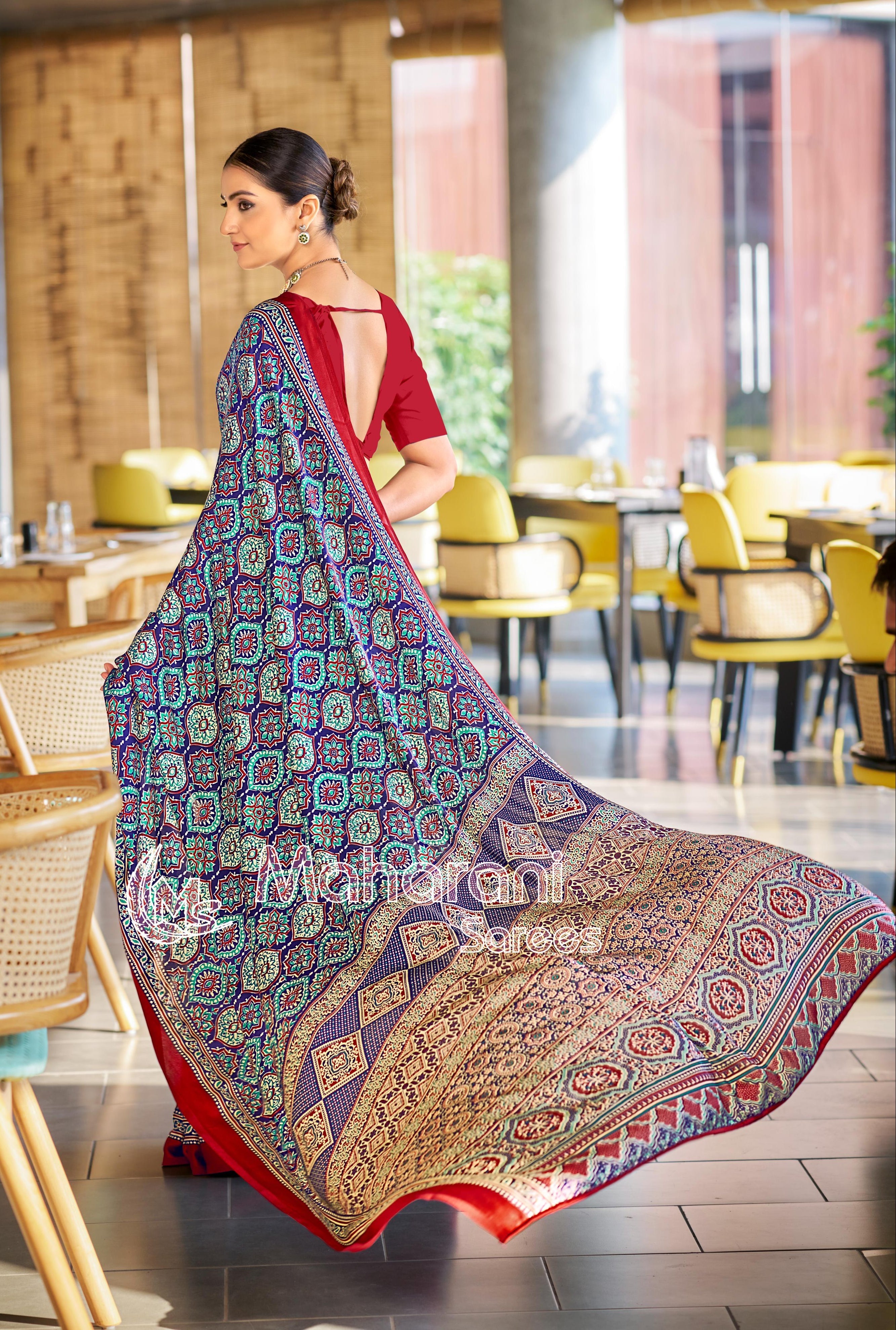 Vivid Blue Ajrakh Printed Soft Modal Silk Natural Print Saree