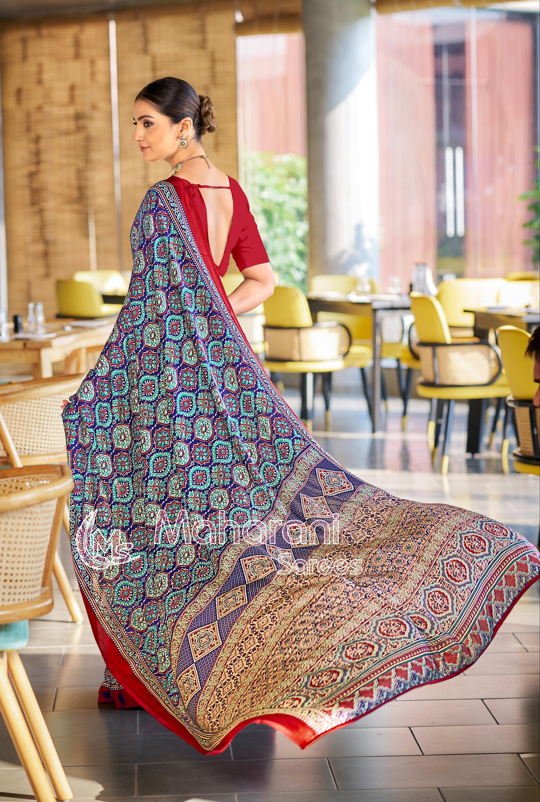 Vivid Blue Ajrakh Printed Soft Modal Silk Natural Print Saree