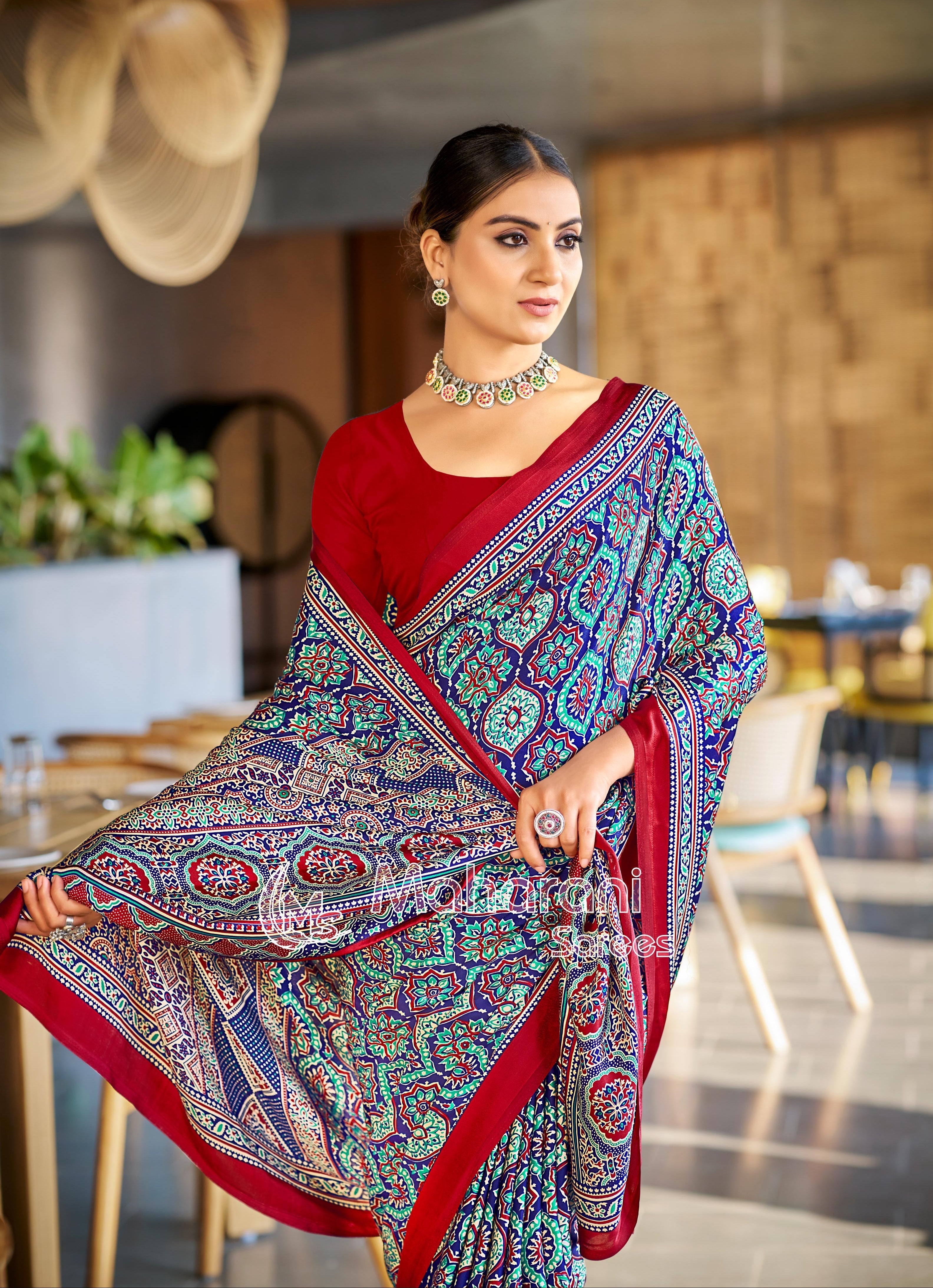 Vivid Blue Ajrakh Printed Soft Modal Silk Natural Print Saree