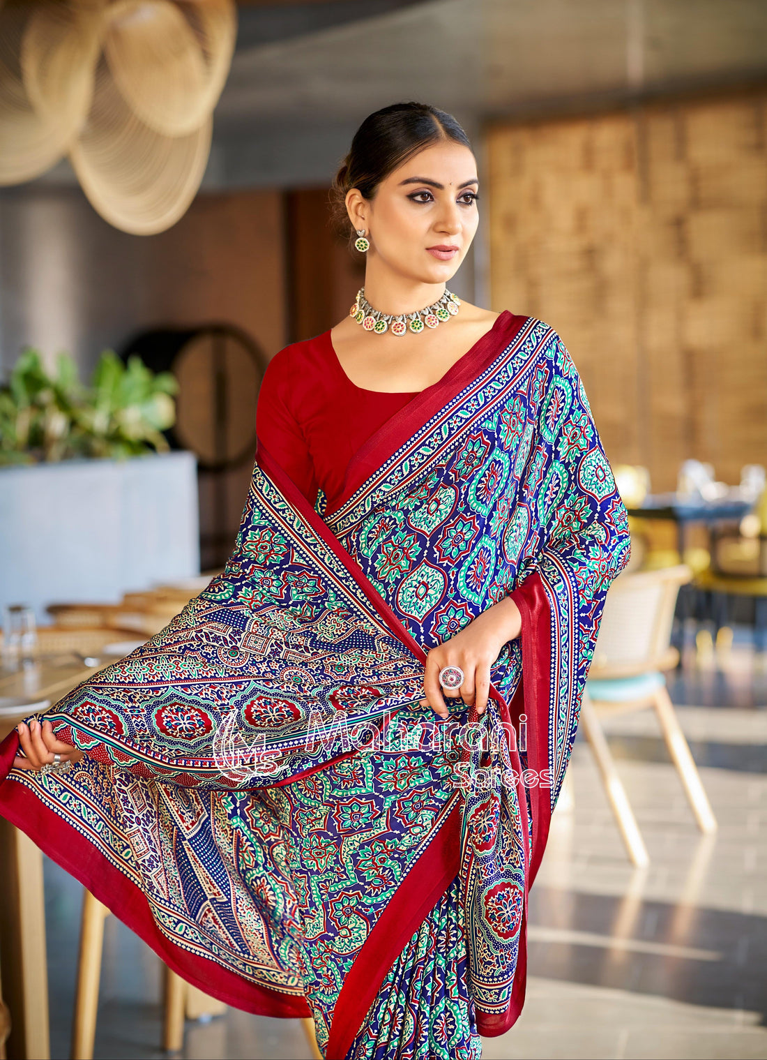 Vivid Blue Ajrakh Printed Soft Modal Silk Natural Print Saree