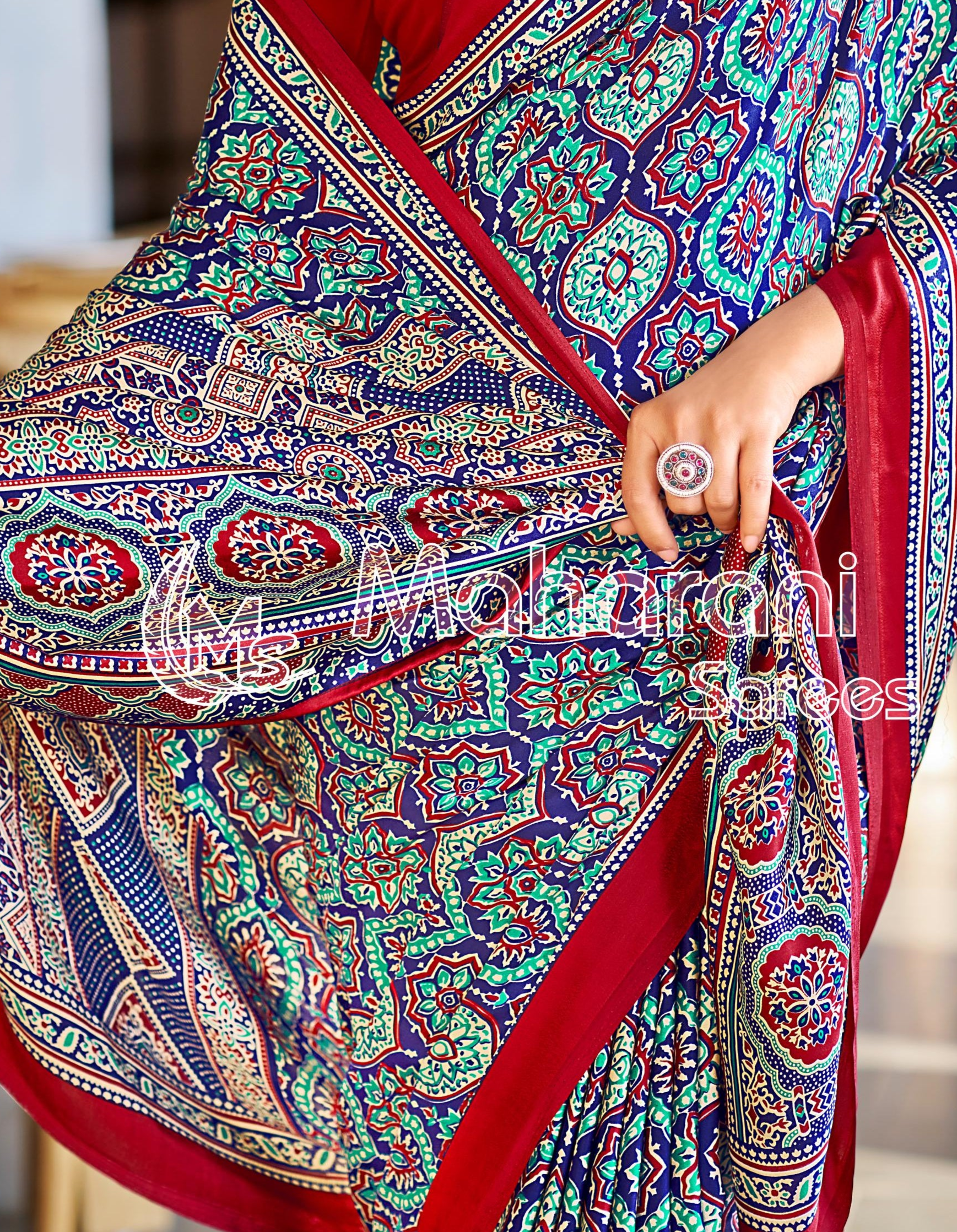 Vivid Blue Ajrakh Printed Soft Modal Silk Natural Print Saree