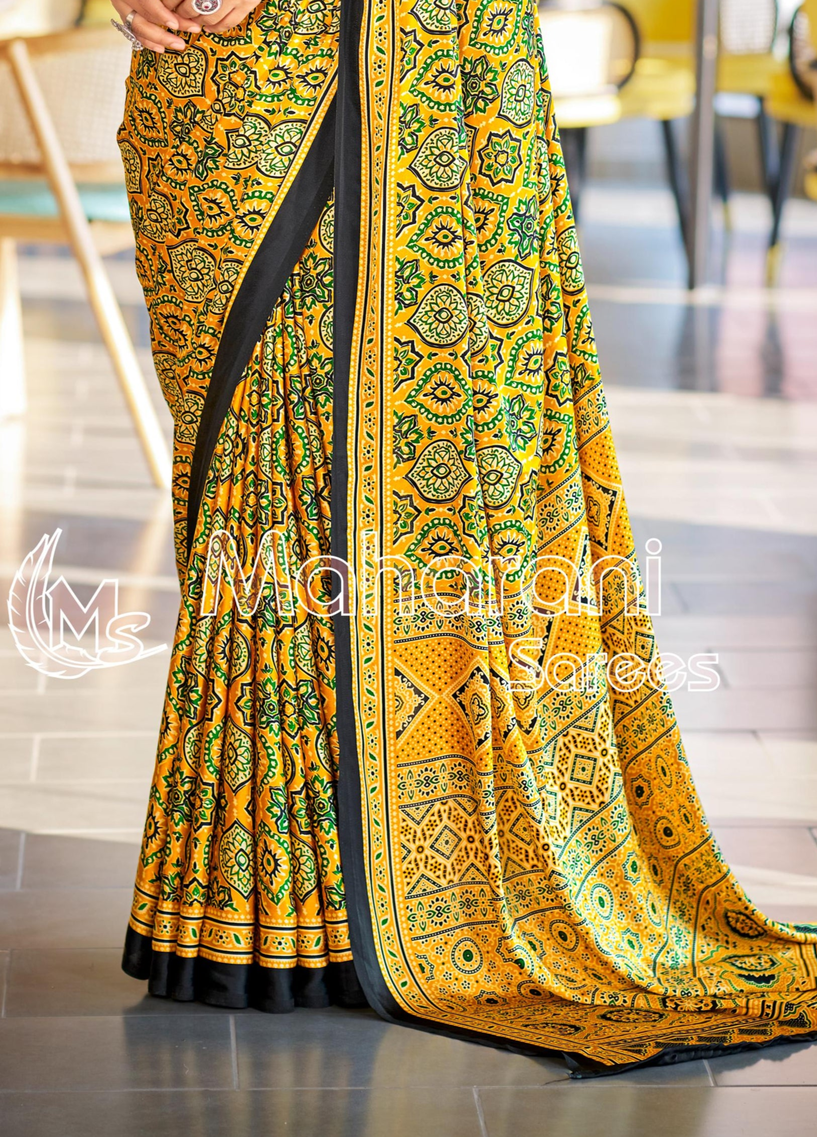 Brilliant Yellow Ajrakh Printed Soft Modal Silk Natural Print Saree P2