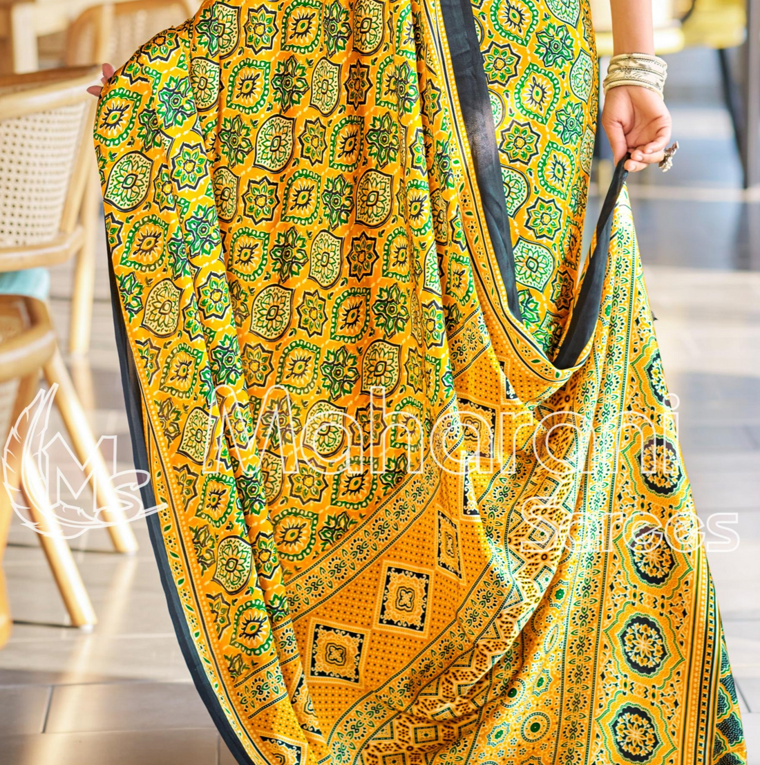 Brilliant Yellow Ajrakh Printed Soft Modal Silk Natural Print Saree P2