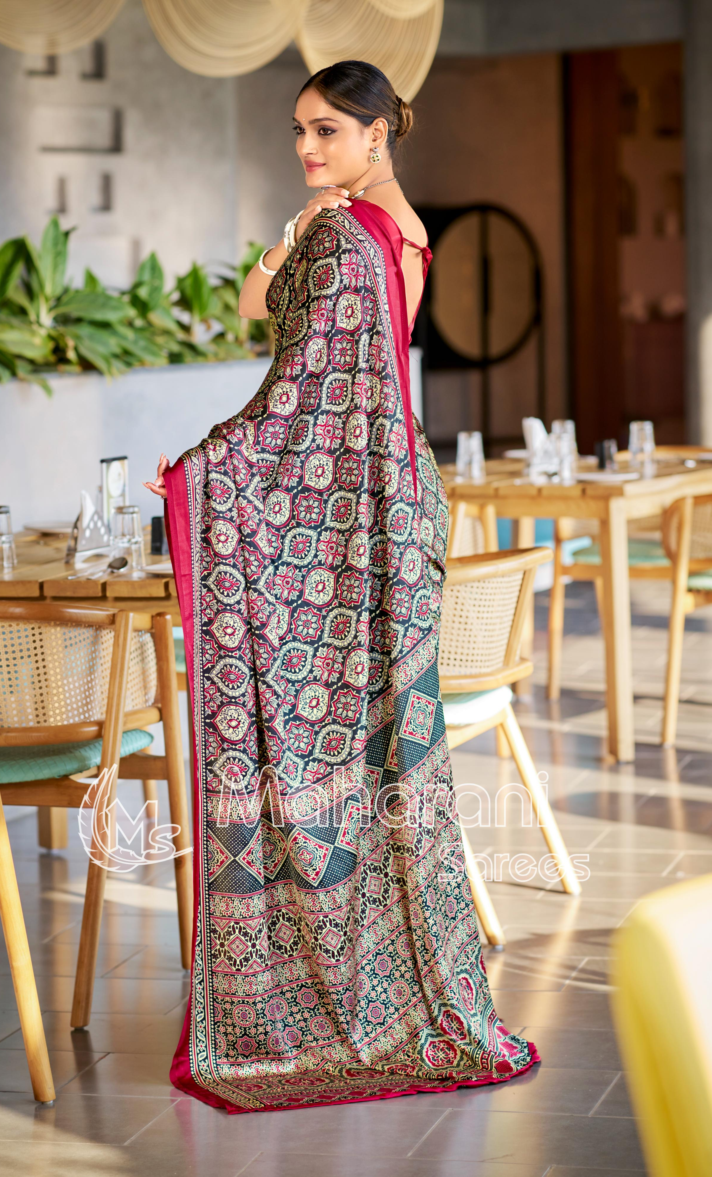 Majestic Black and Maroon Ajrakh Printed Soft Modal Silk Natural Print Saree P2