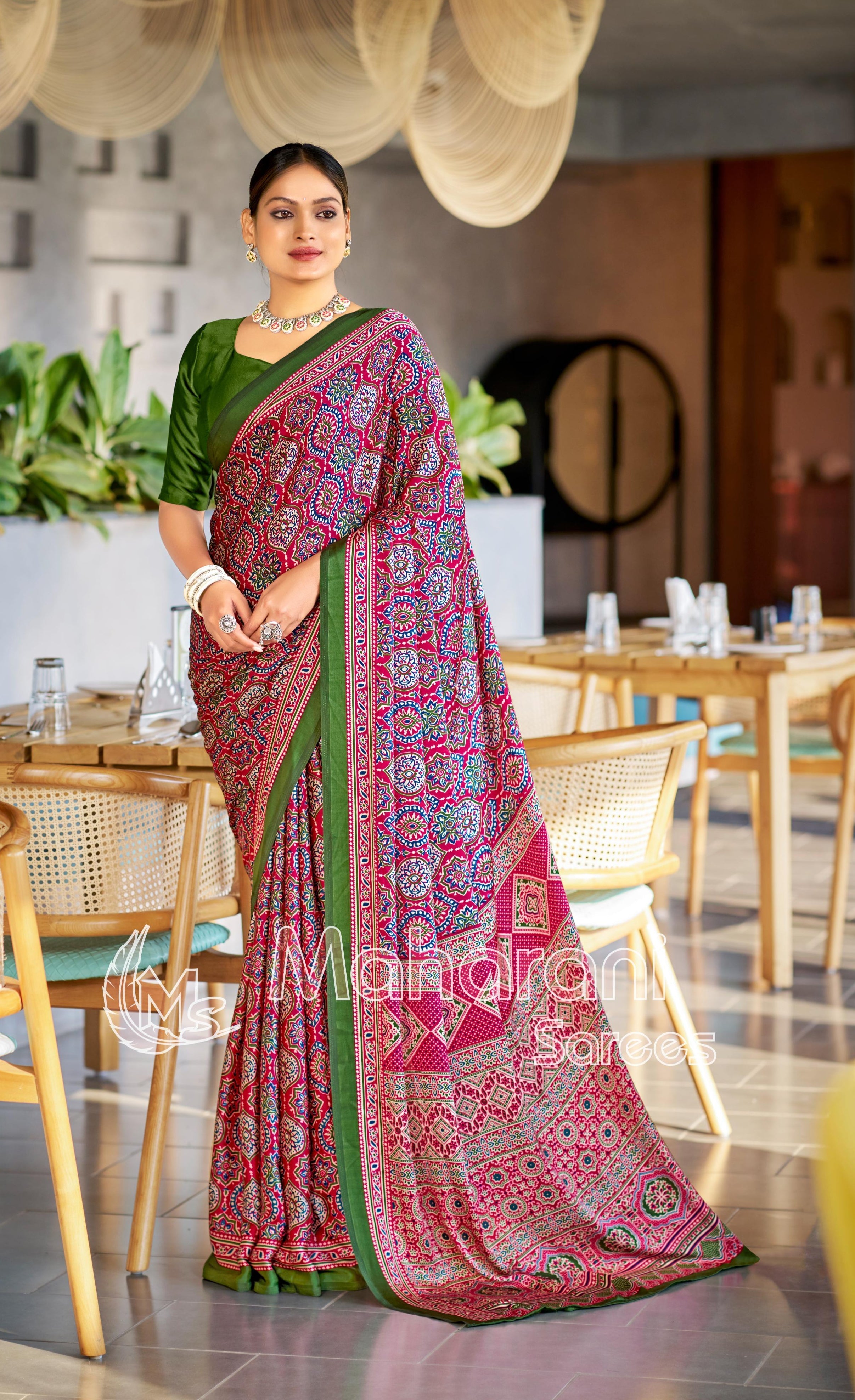 Colorful Rani Ajrakh Printed Soft Modal Silk Natural Print Saree P2