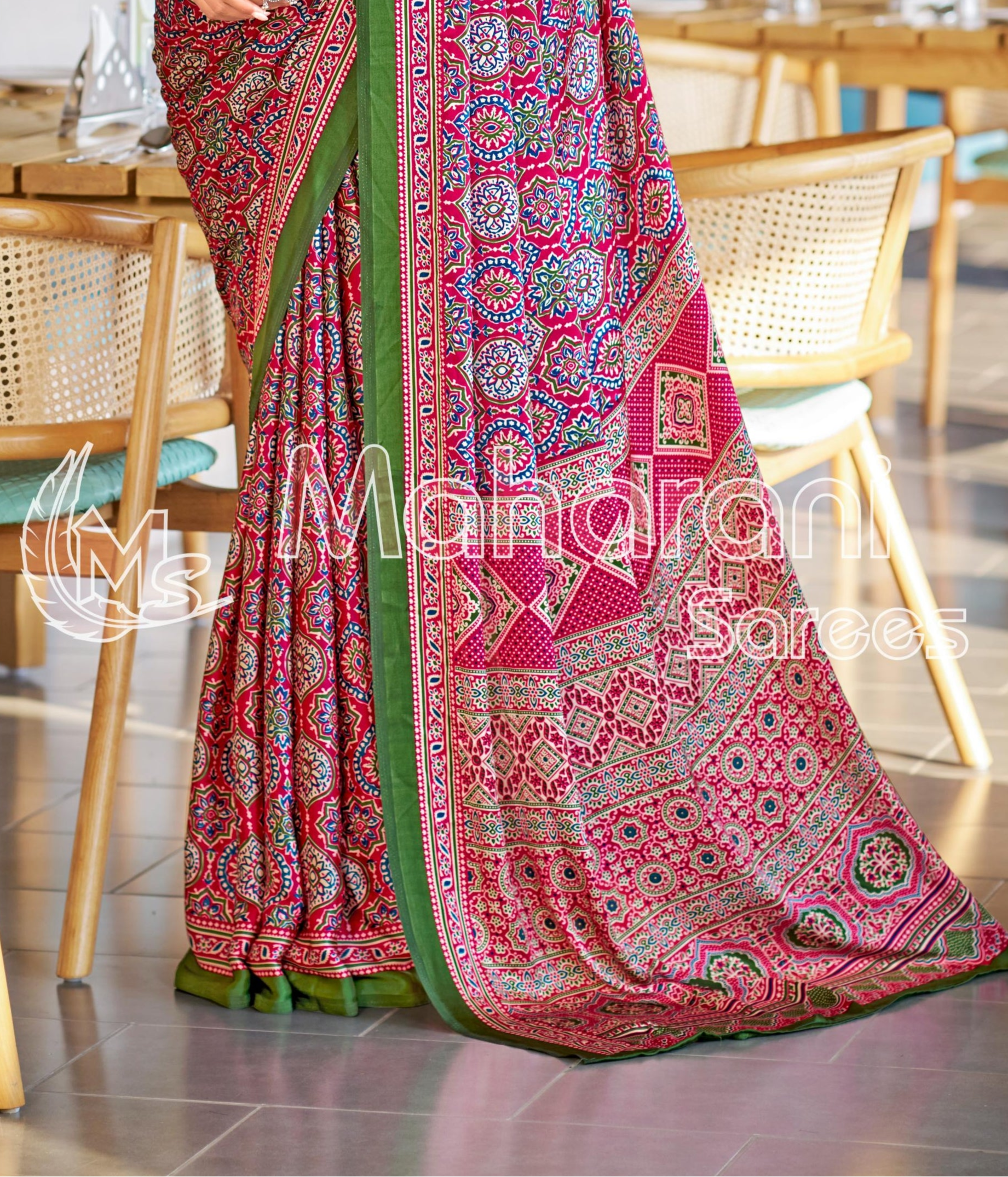 Colorful Rani Ajrakh Printed Soft Modal Silk Natural Print Saree P2