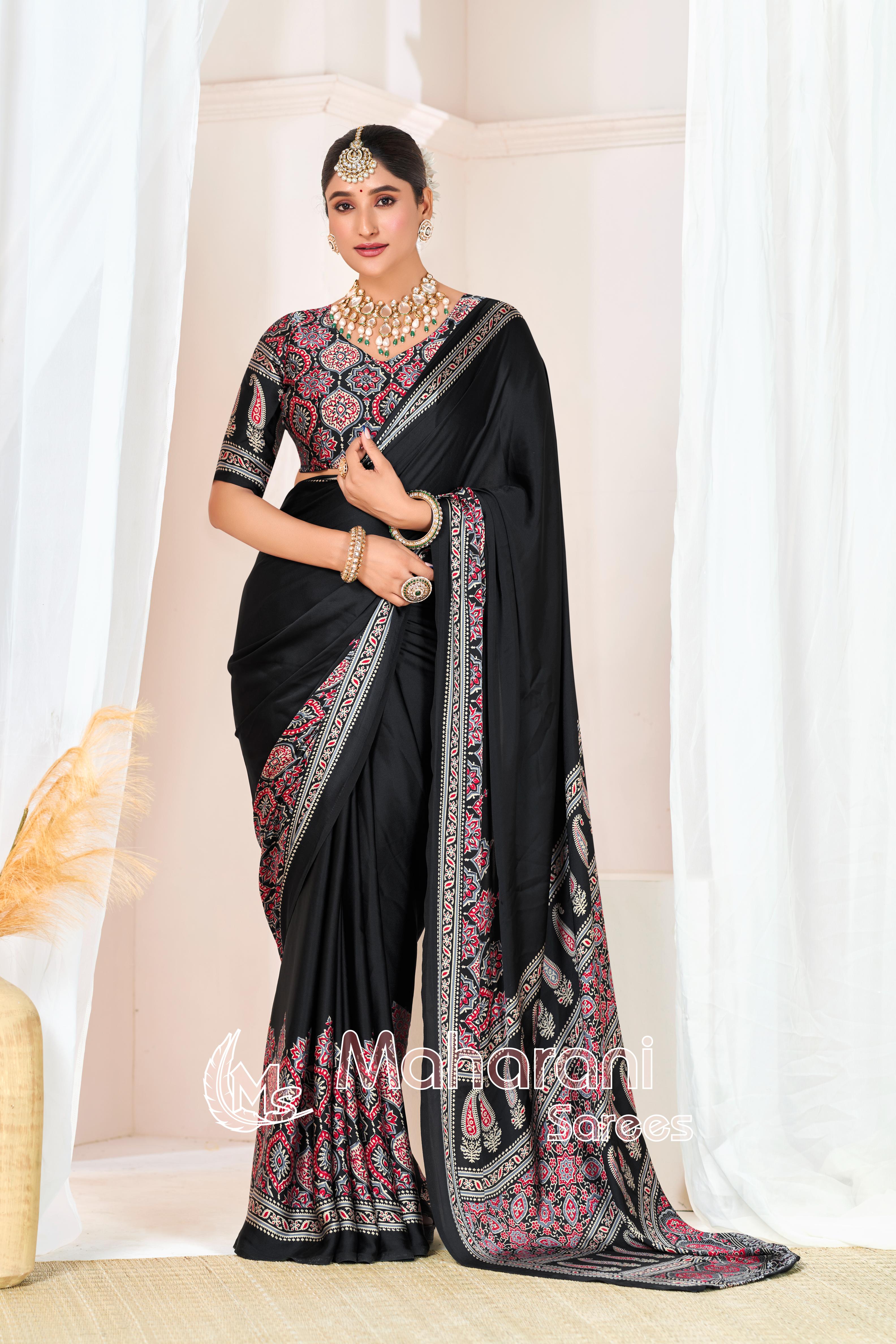 Black Ajrakh Printed Modal Silk Plain Saree With Ajrakh Blouse P6